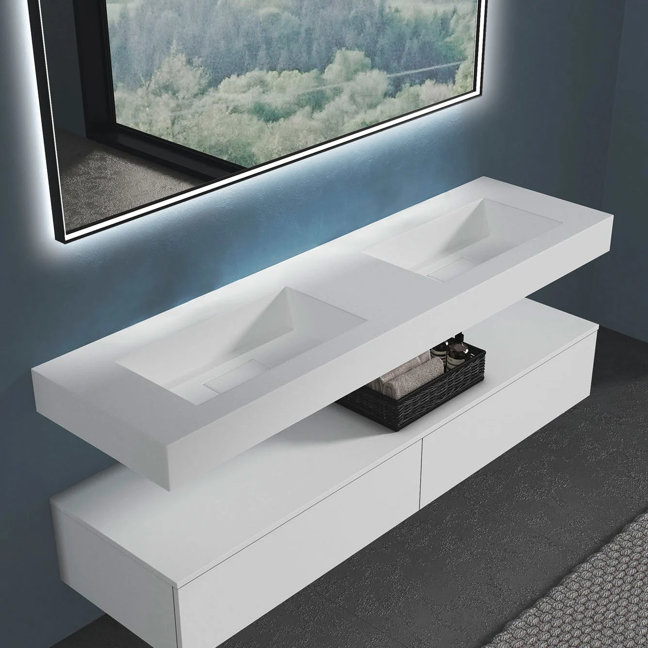 Biała podwójna umywalka w nowoczesnej łazience, progettobagno