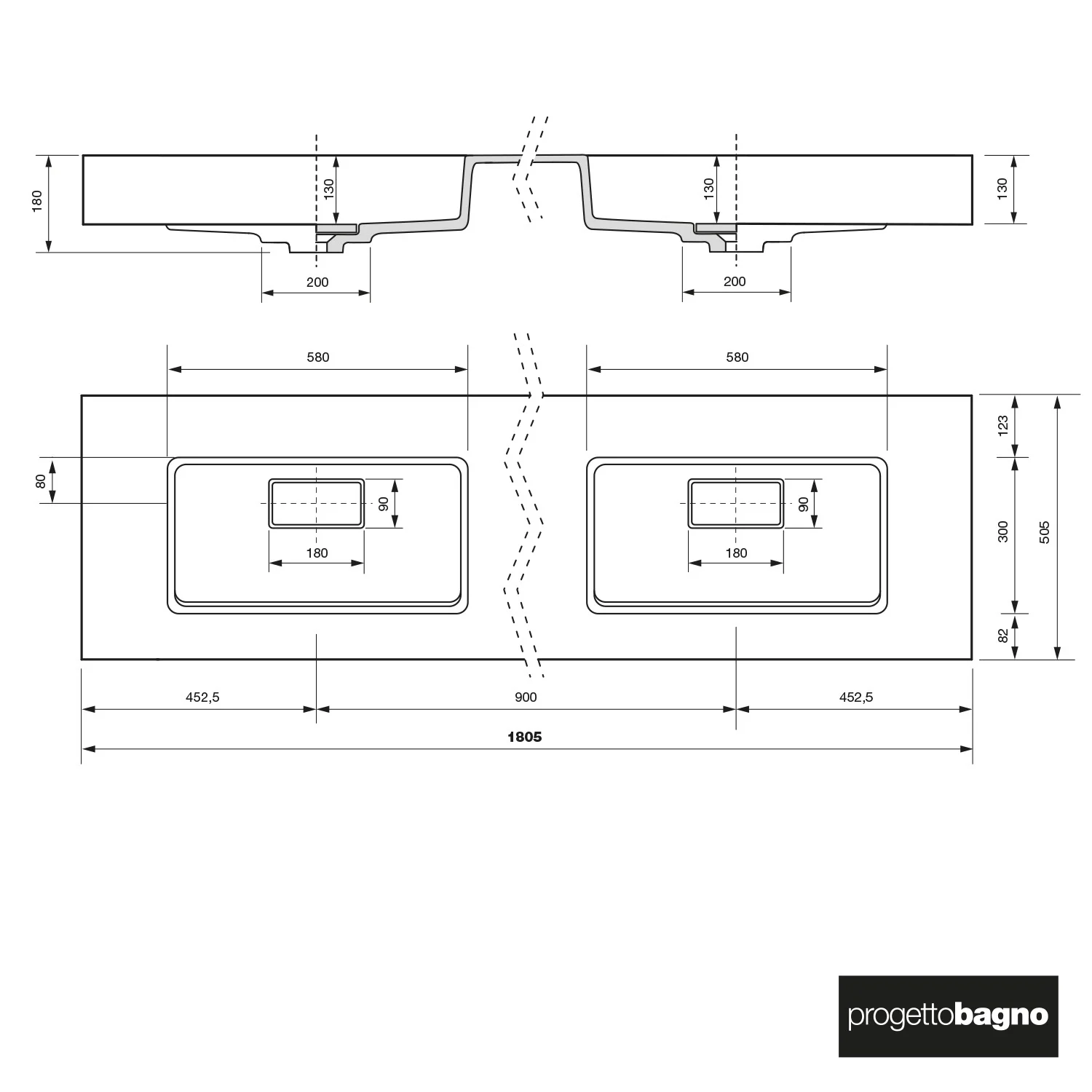 Rysunek techniczny podwójnej umywalki, 180 cm, progettobagno