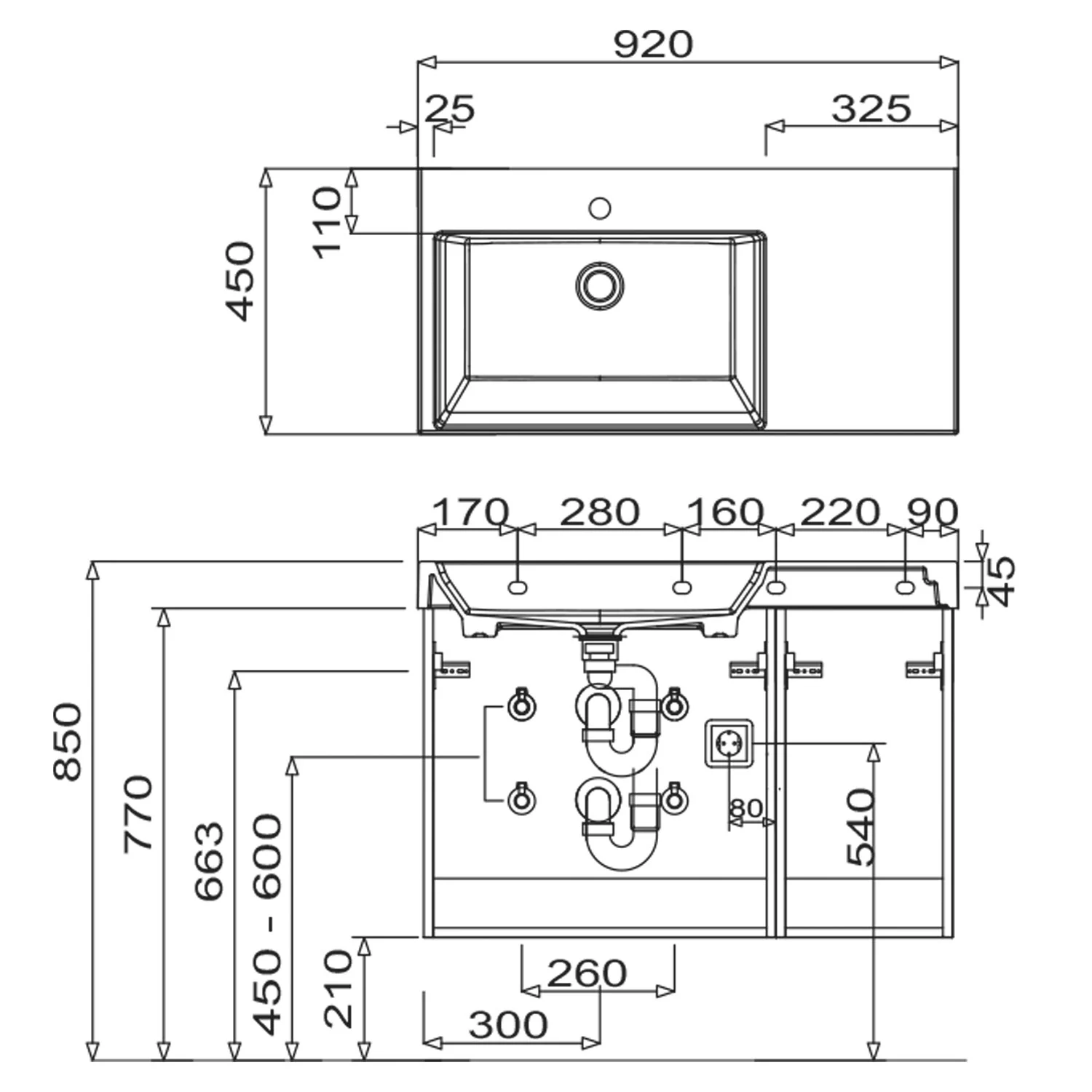 Rysunek techniczny umywalki z wymiarami, Puris