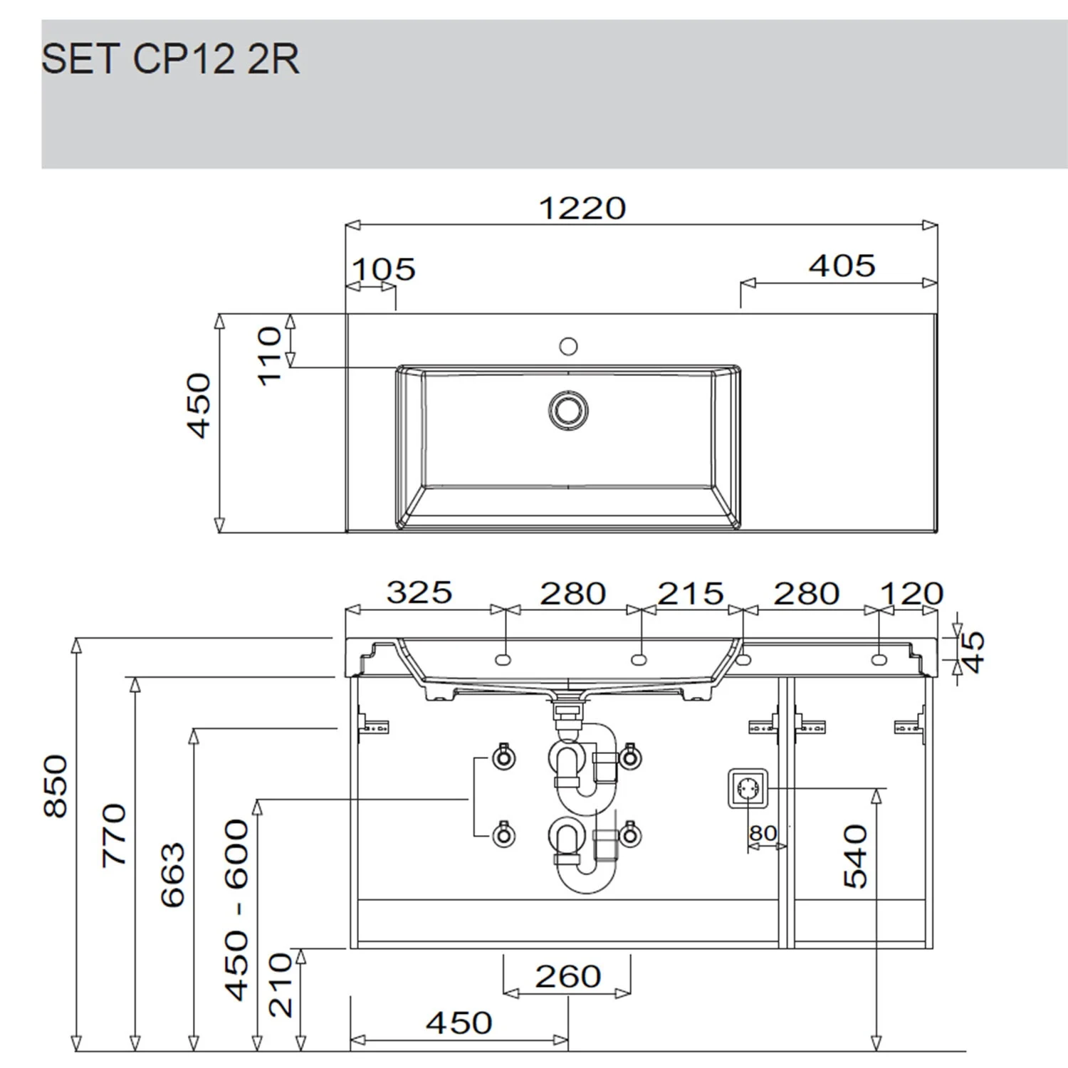 Rysunek techniczny zestawu umywalkowego z wymiarami, Puris