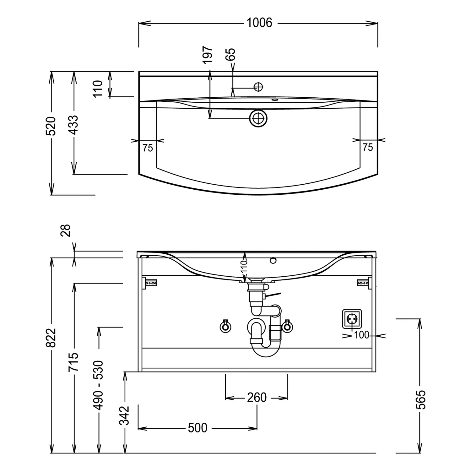 Rysunek techniczny umywalki meblowej 100 cm, Puris