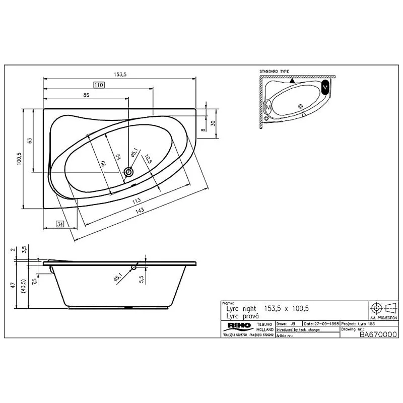 Riho Aryl Raumspar-Badewanne 153,5 x 100,5 cm rechts für Eckeinbau Bild 3