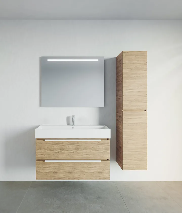 Łazienka z umywalką i lustrem, nowoczesny design, Riho