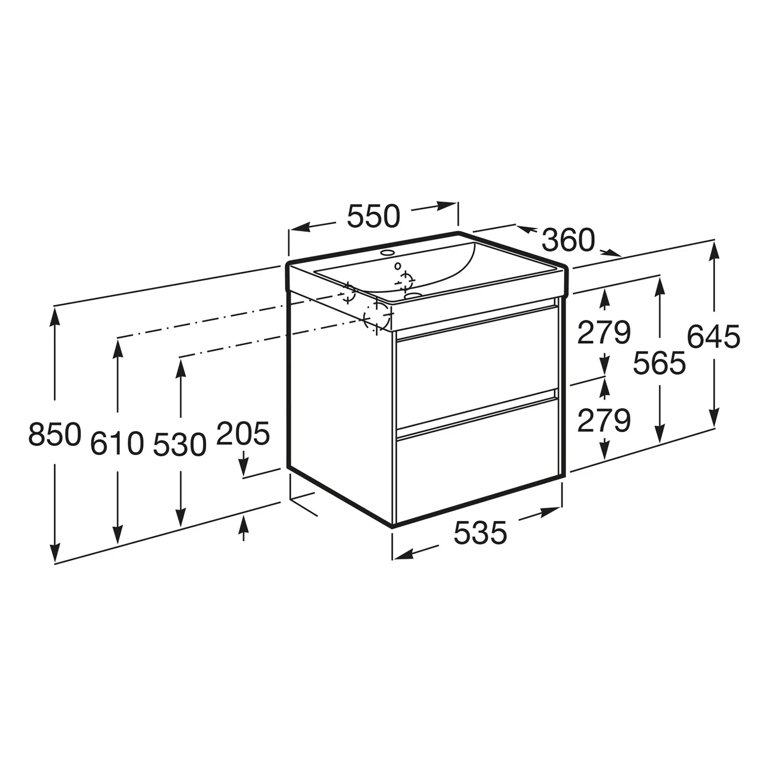 Rysunek techniczny szafki pod umywalkę 55 cm, Roca