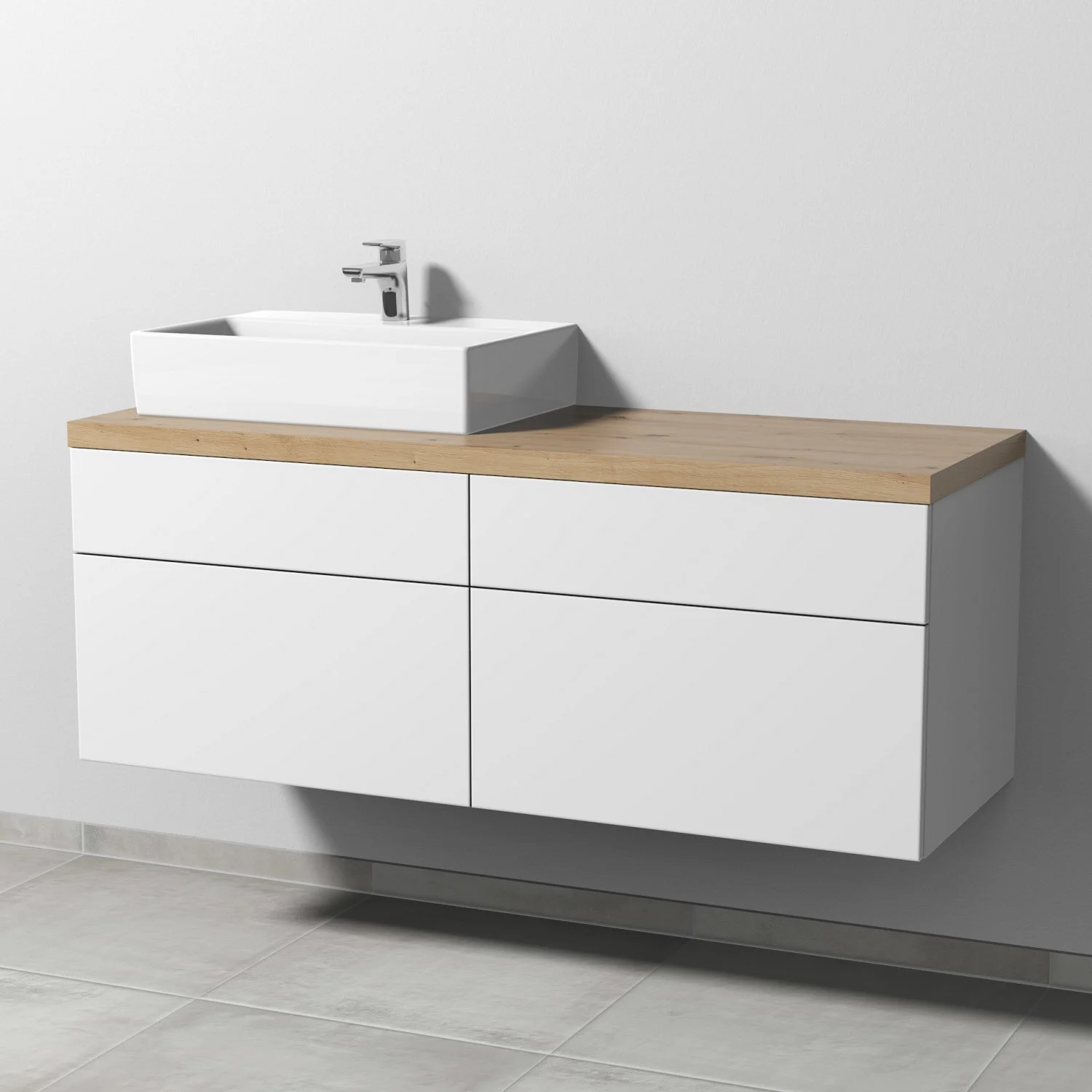 Umywalka z jasną drewnianą konsolą w łazience, Sanipa