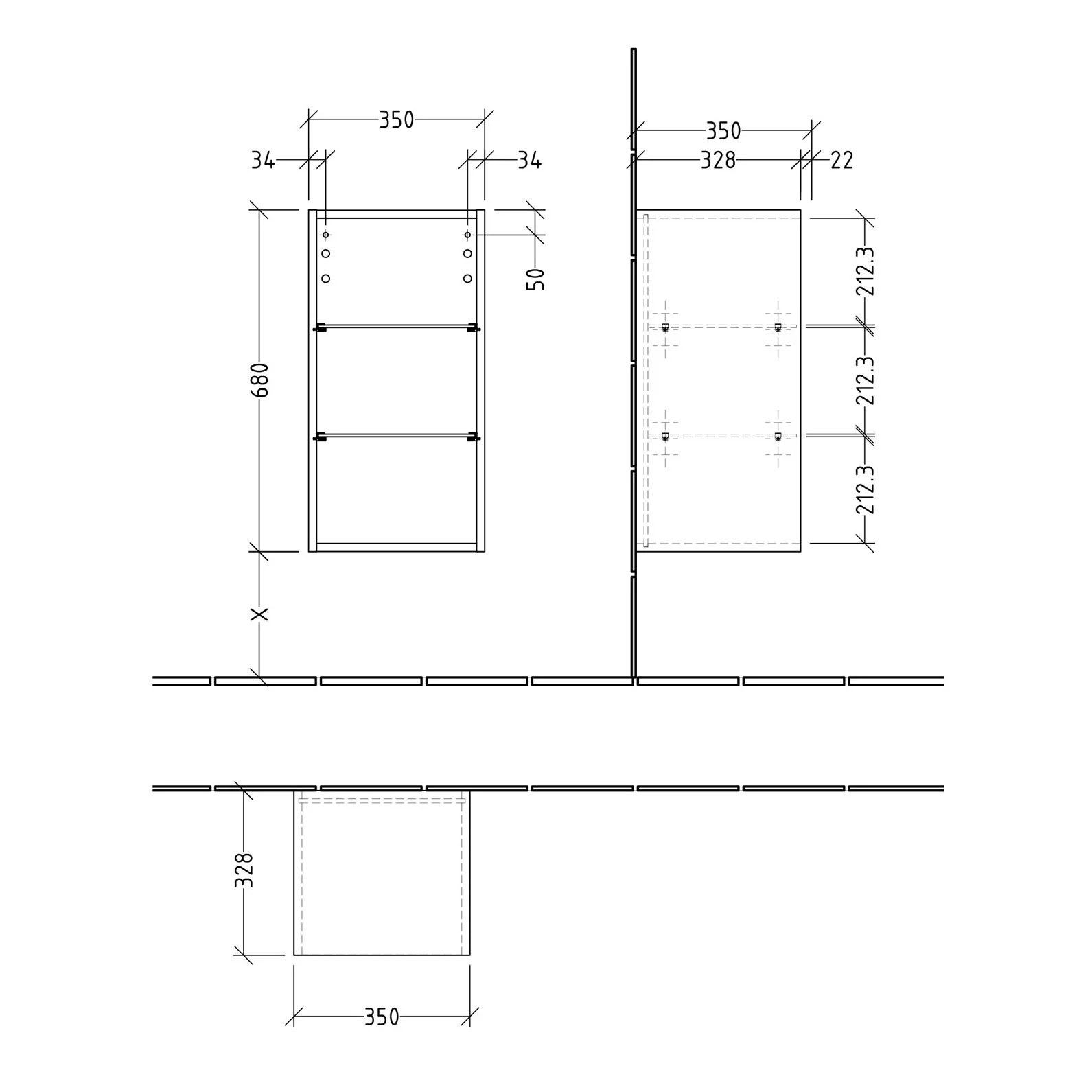 Rysunek techniczny szafy wysokiej 68 cm, Sanipa