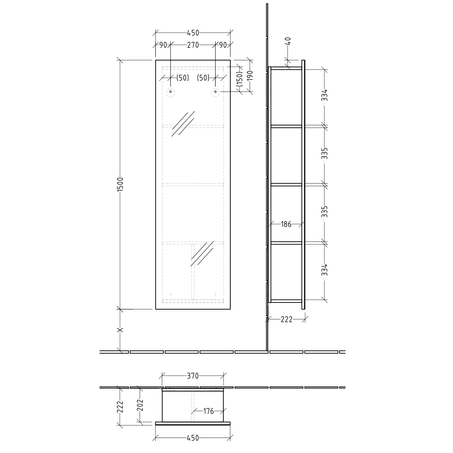 Rysunek techniczny wysokiej szafki z półką lustrzaną, Sanipa
