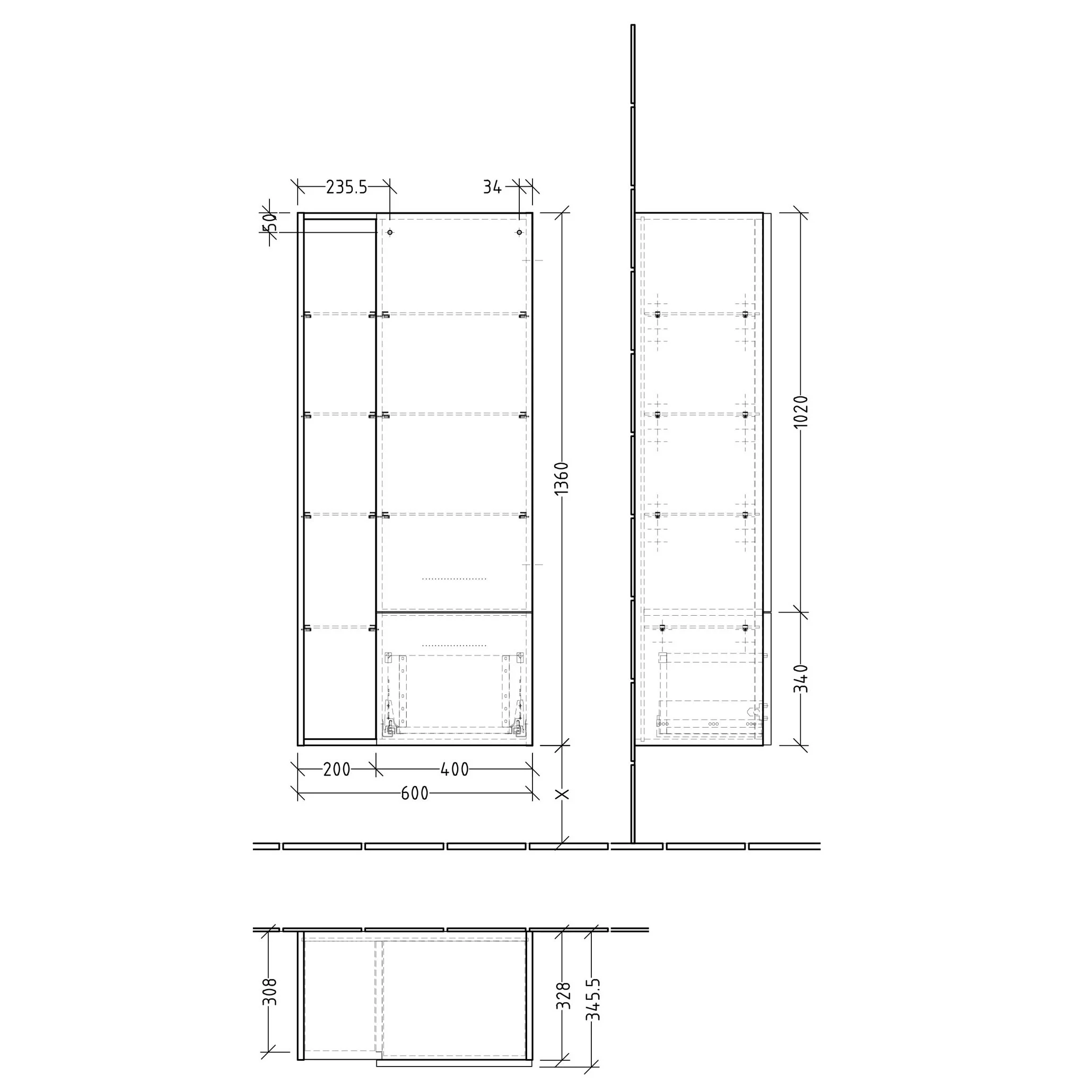 Rysunek techniczny szafy wysokiej 60 cm, Sanipa