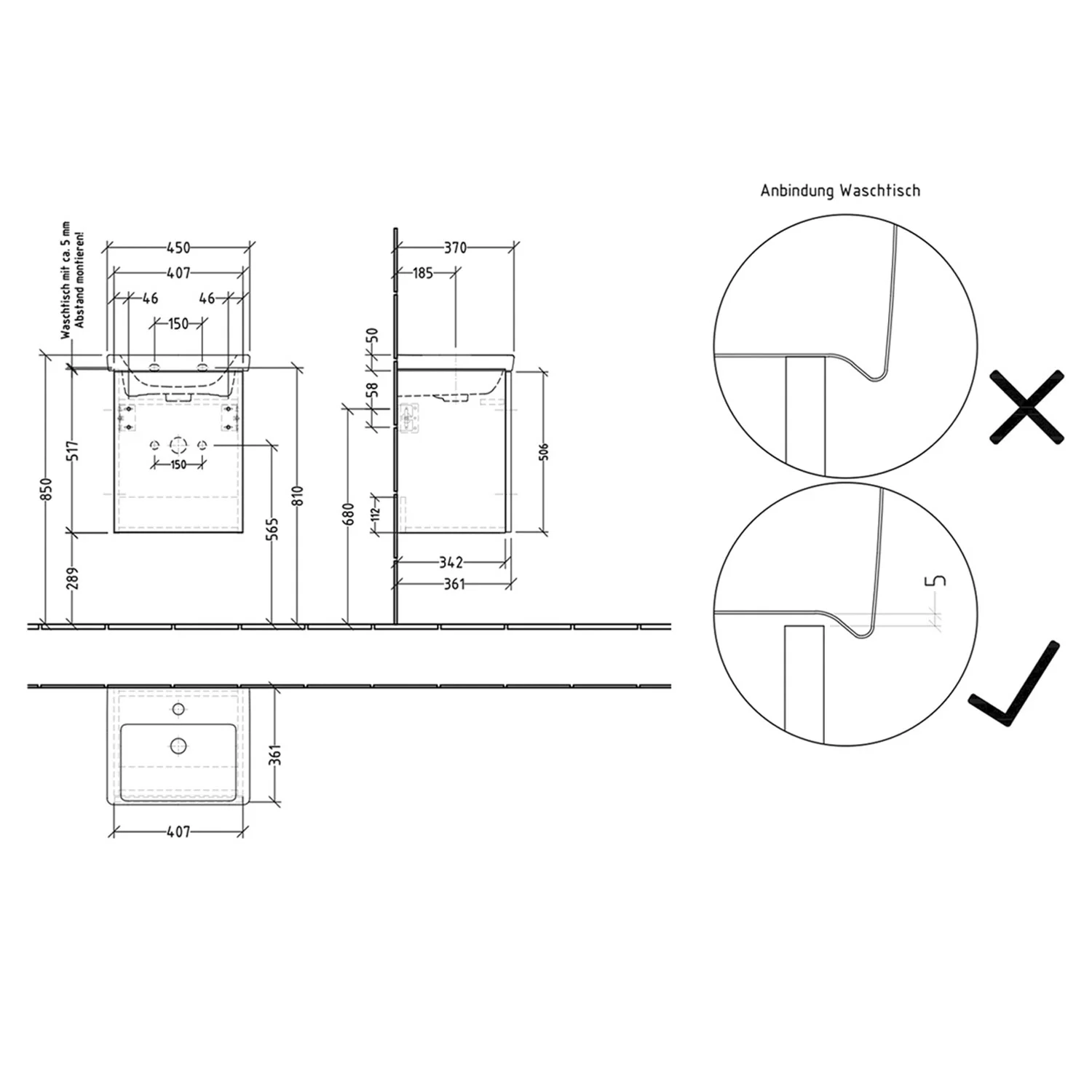 Sanipa 3way-Struktur Keramikwaschtisch Subway 3.0 mit Waschtischunterschrank 45 x 37 cm, Türanschlag links Bild 3