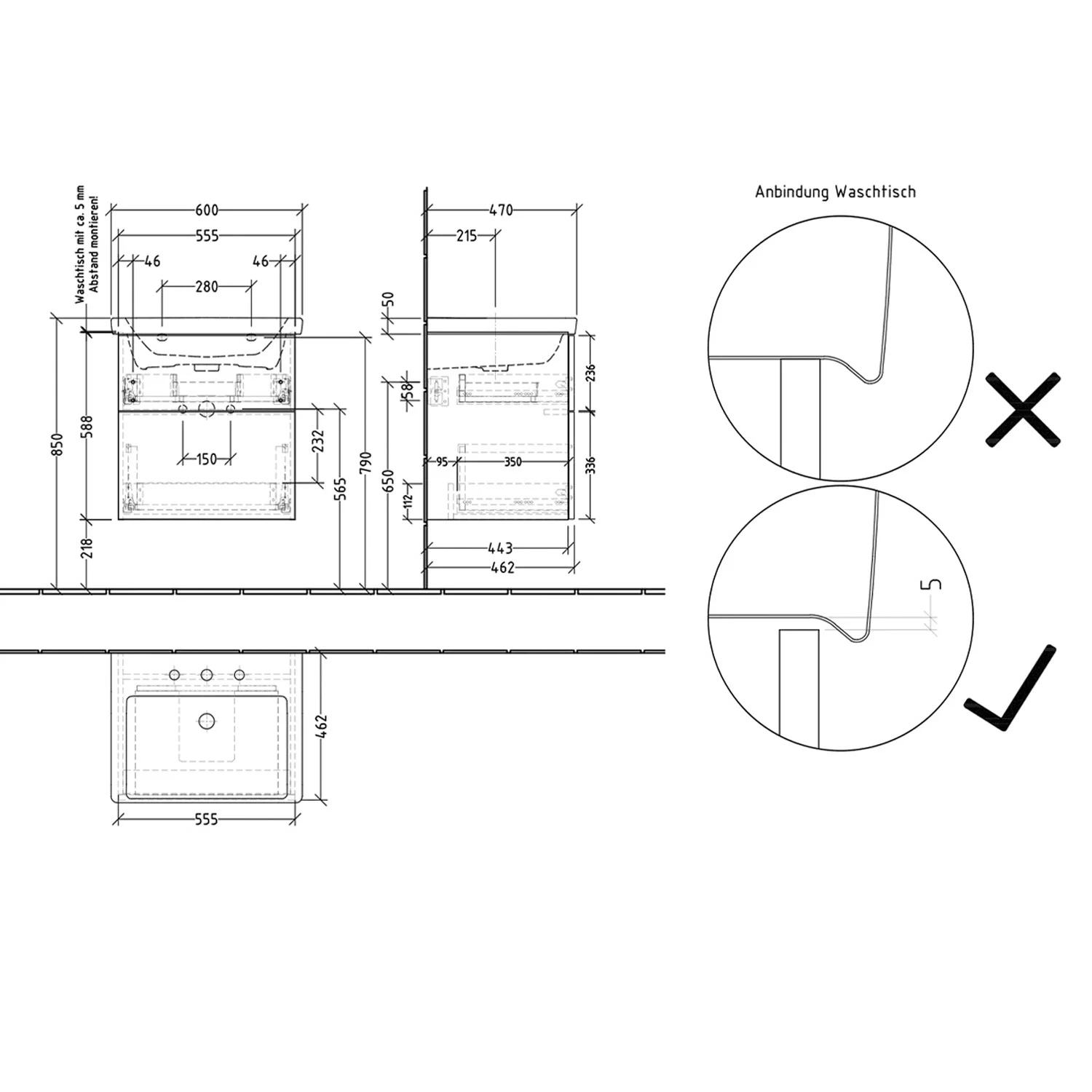 Sanipa 3way-Struktur Keramikwaschtisch Subway 3.0 mit Waschtischunterschrank 60 x 47 cm, mit 2 Auszügen Bild 2