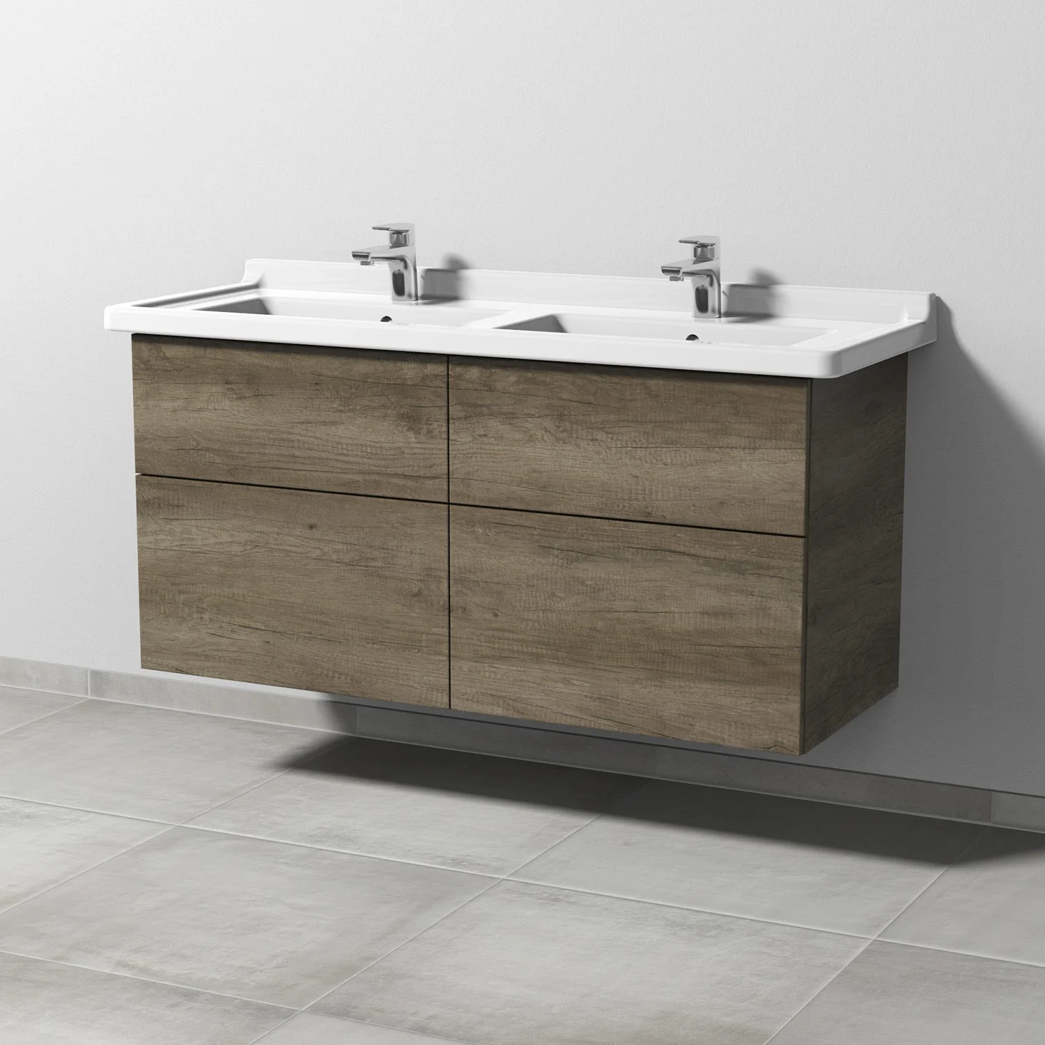 Podwójna umywalka z brązowym drewnianym wyglądem w łazience, Sanipa
