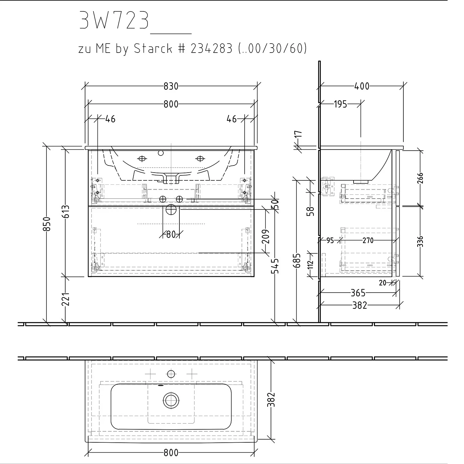 Rysunek techniczny szafki umywalkowej z wymiarami, Sanipa