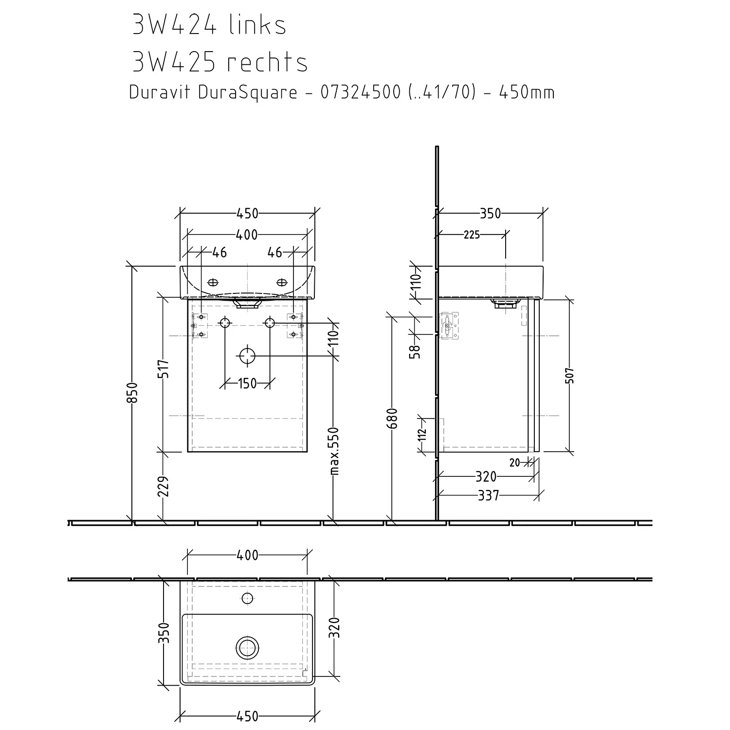 Rysunek techniczny umywalki 450mm prawa, Sanipa