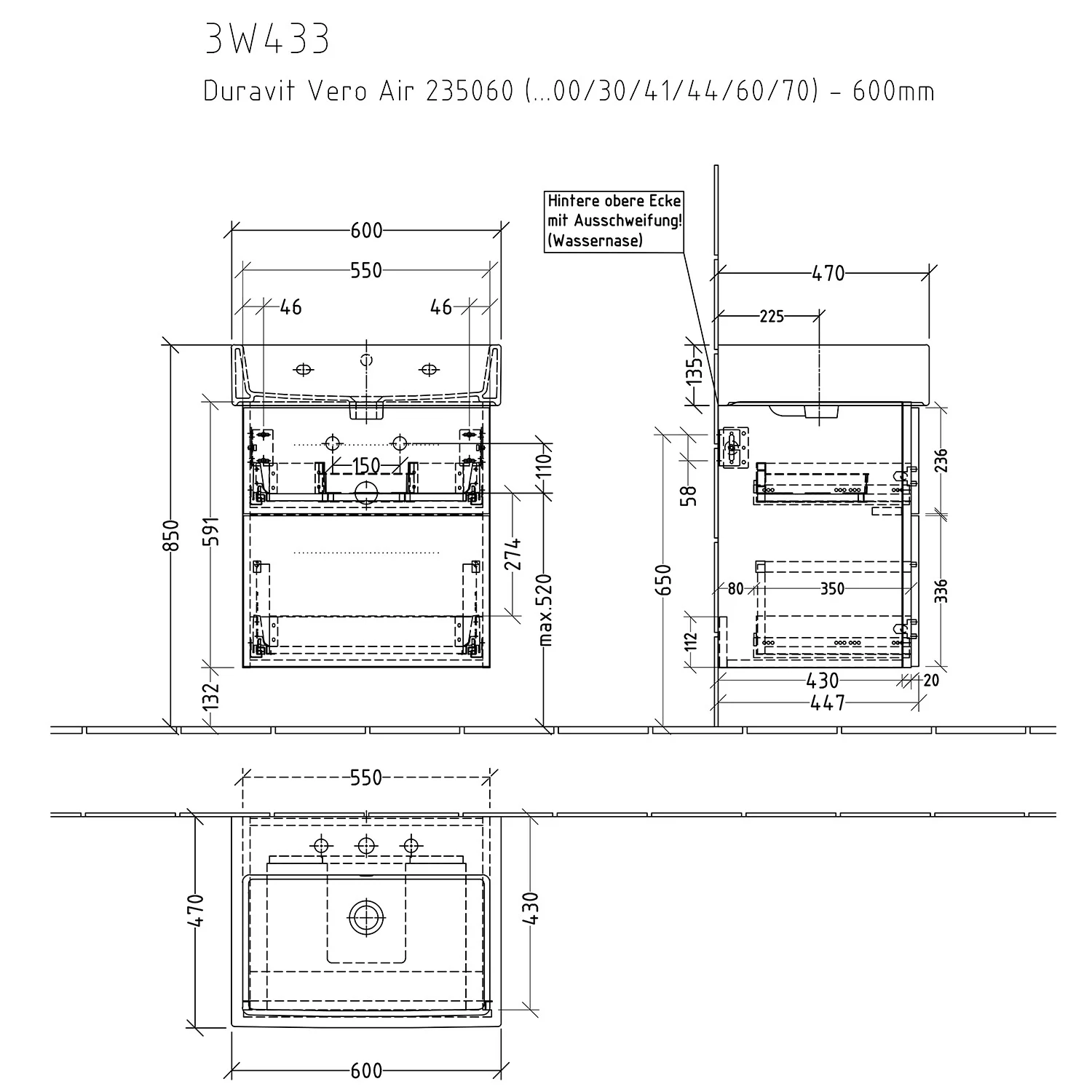 Rysunek techniczny szafki umywalkowej z wymiarami, Sanipa