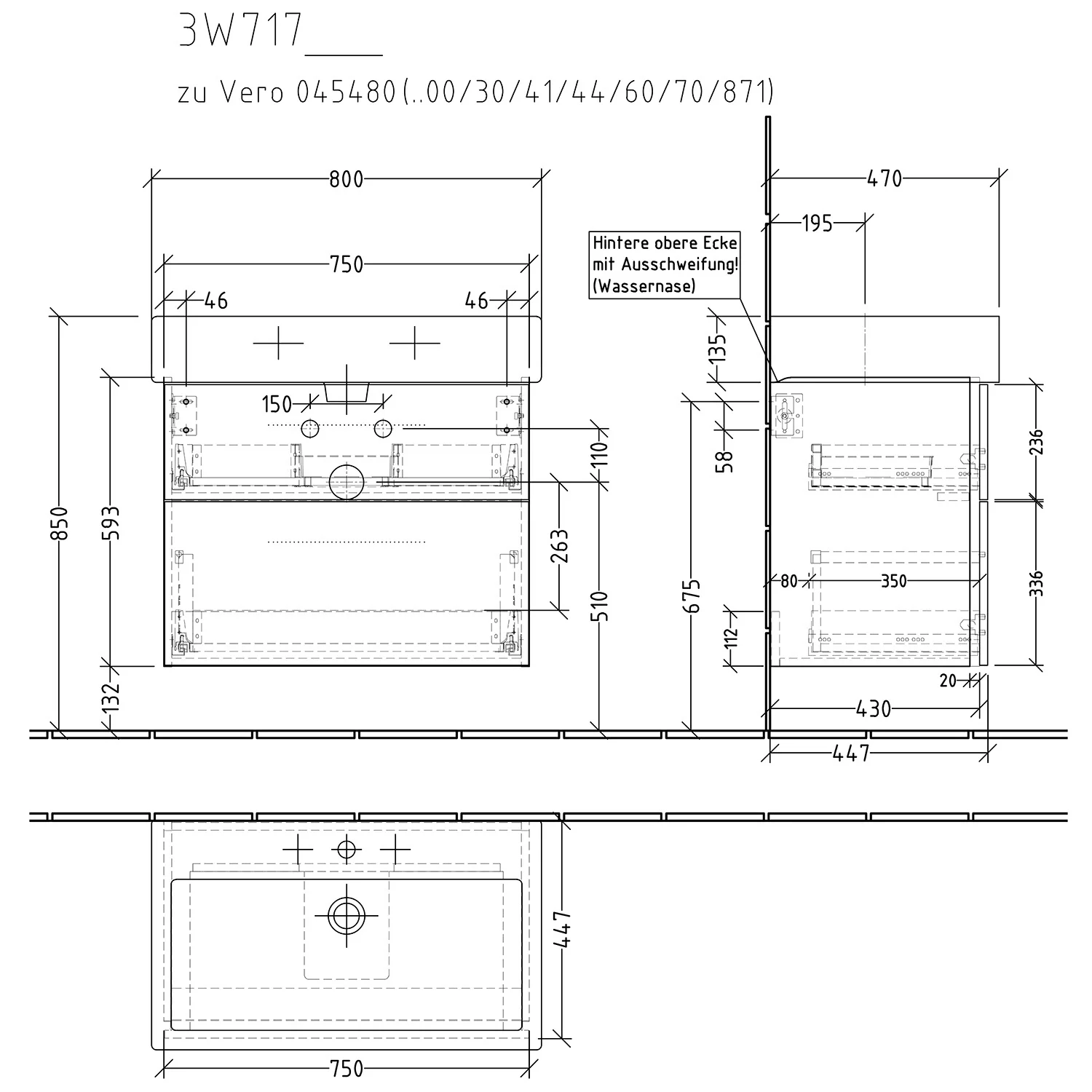 Rysunek techniczny szafki umywalkowej z wymiarami, Sanipa
