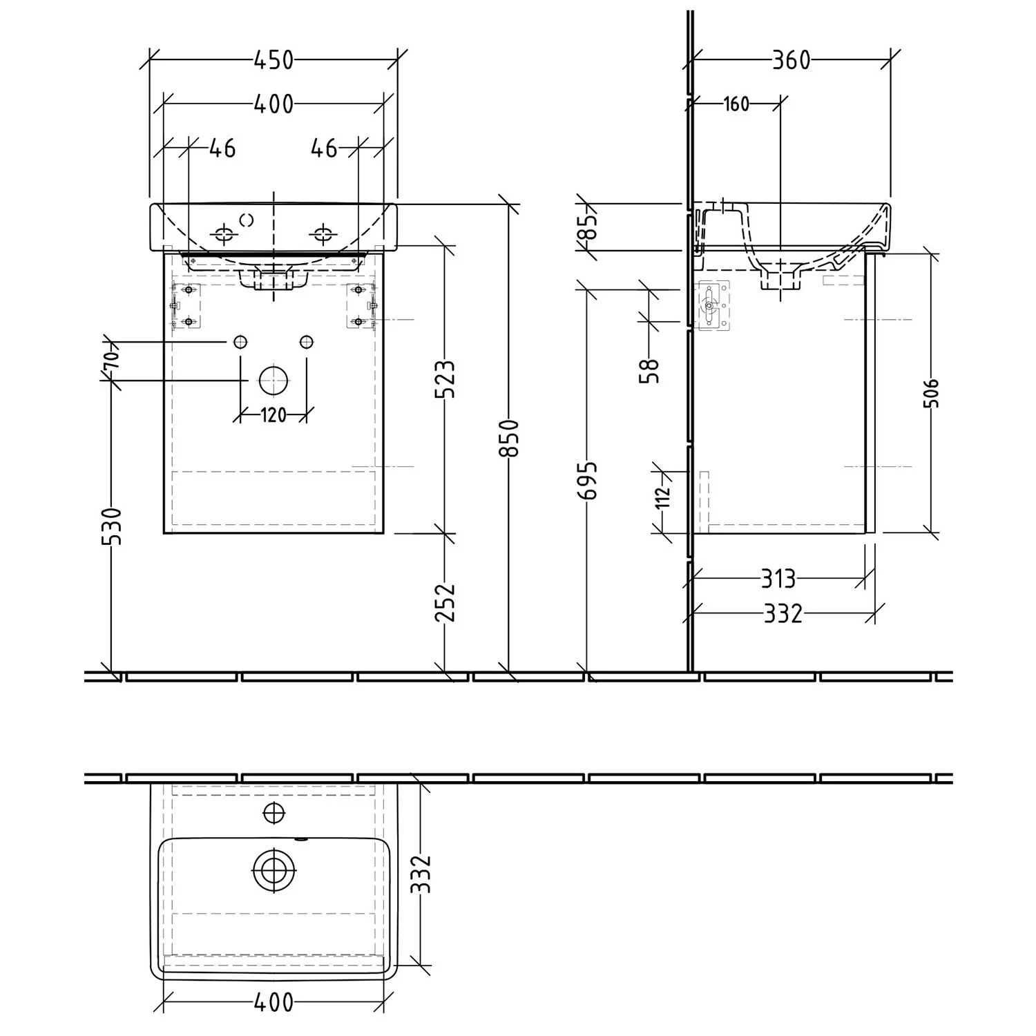 Rysunek techniczny szafki umywalkowej z wymiarami, Sanipa