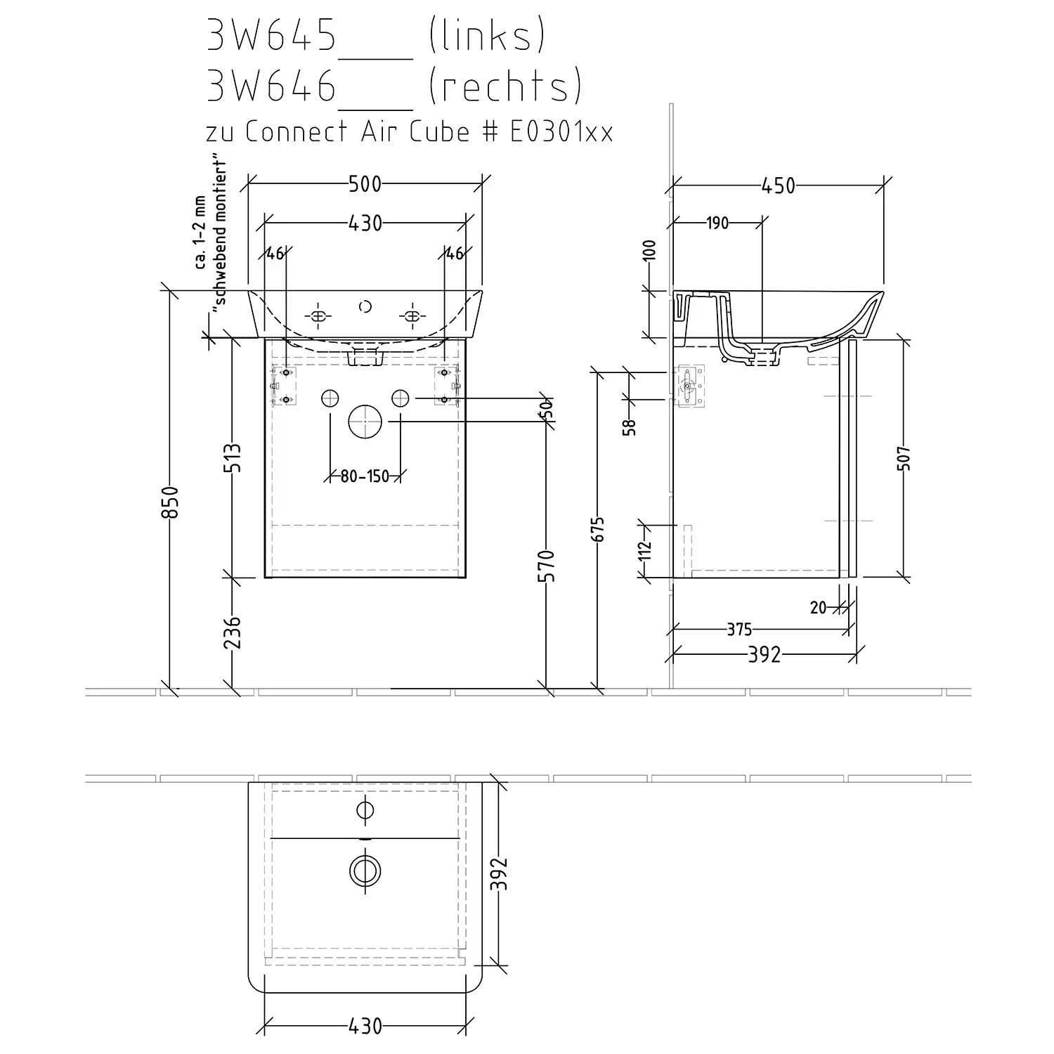Rysunek techniczny szafki pod umywalkę, Sanipa
