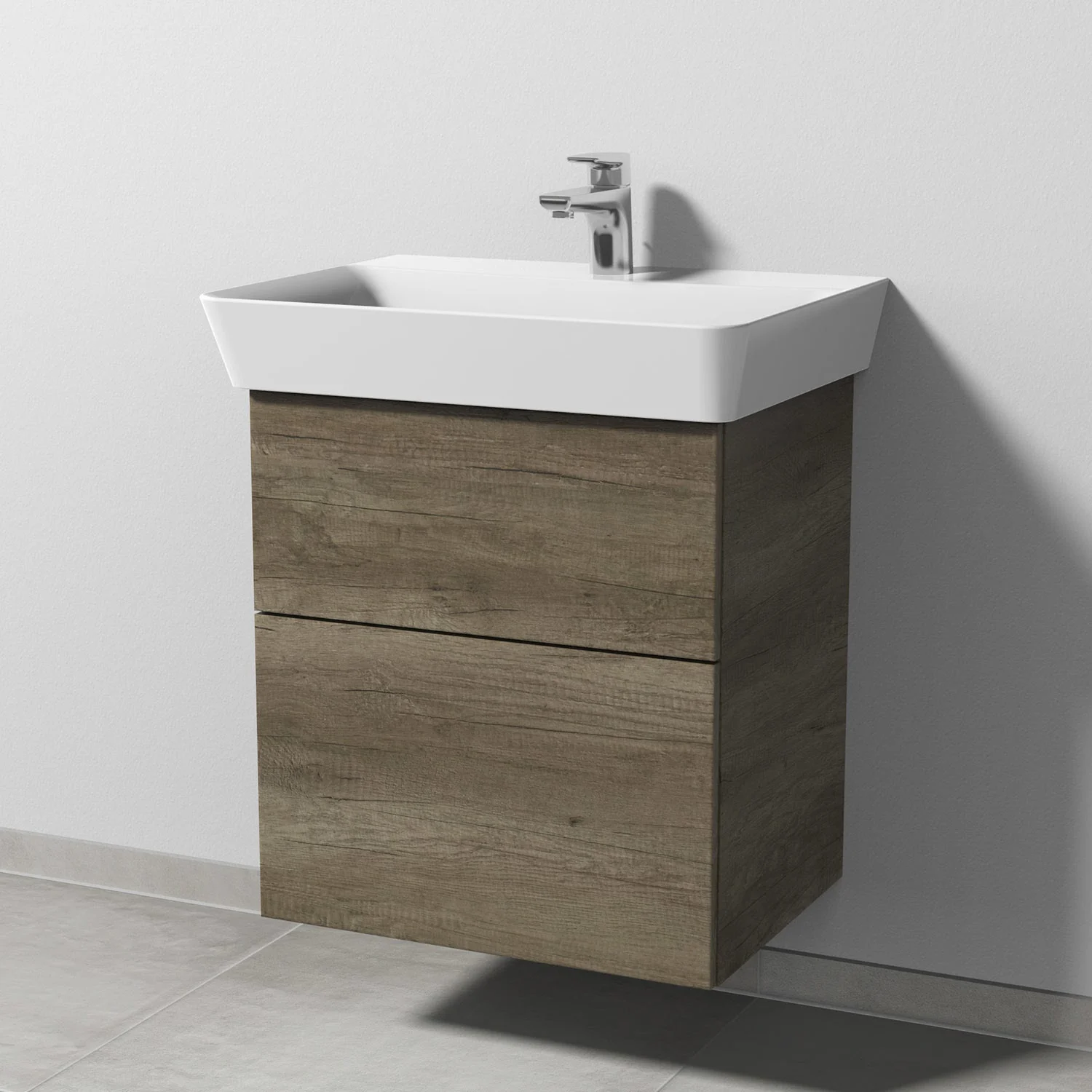Drewniana umywalka z ceramiczną umywalką z bliska, Sanipa
