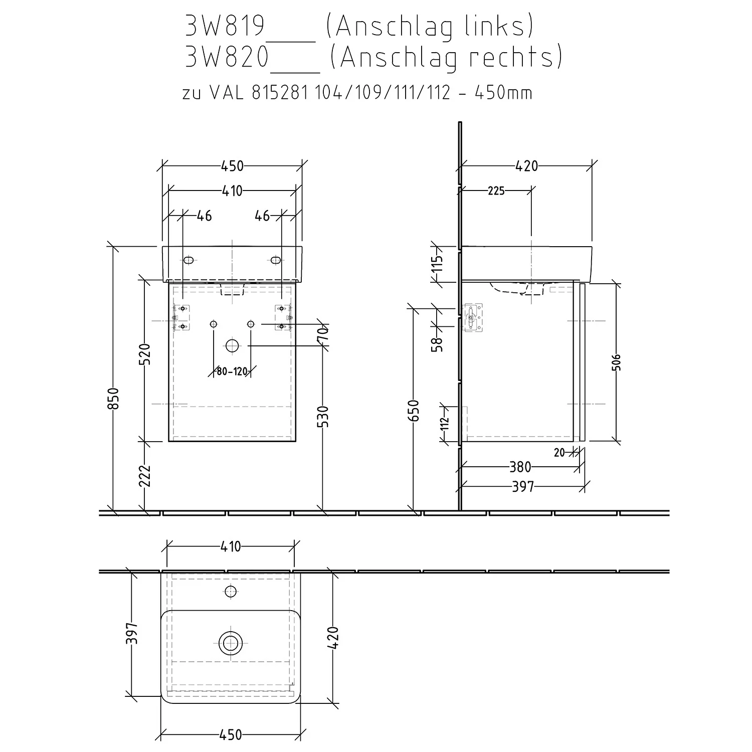 Rysunek techniczny szafki umywalkowej 450mm, Sanipa