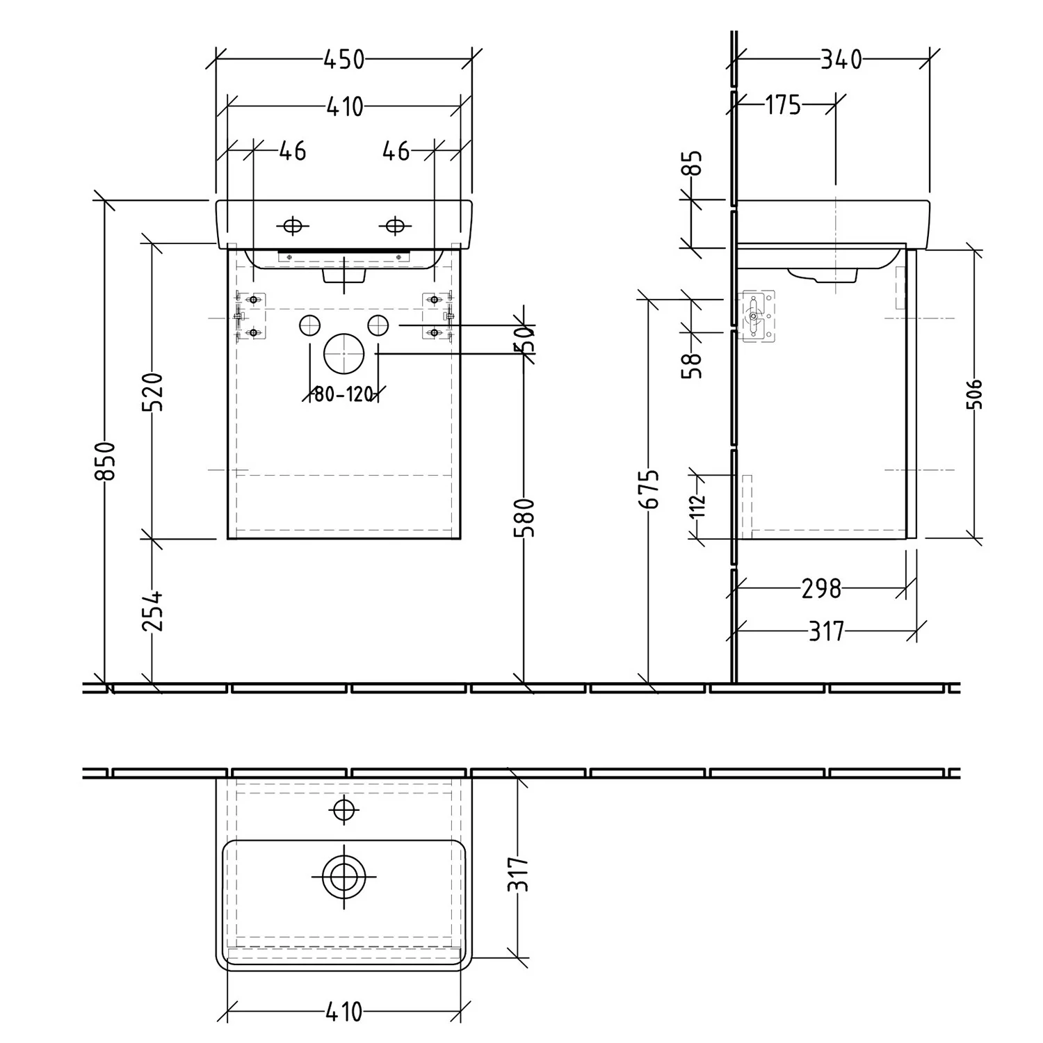 Rysunek techniczny umywalki z wymiarami, Sanipa