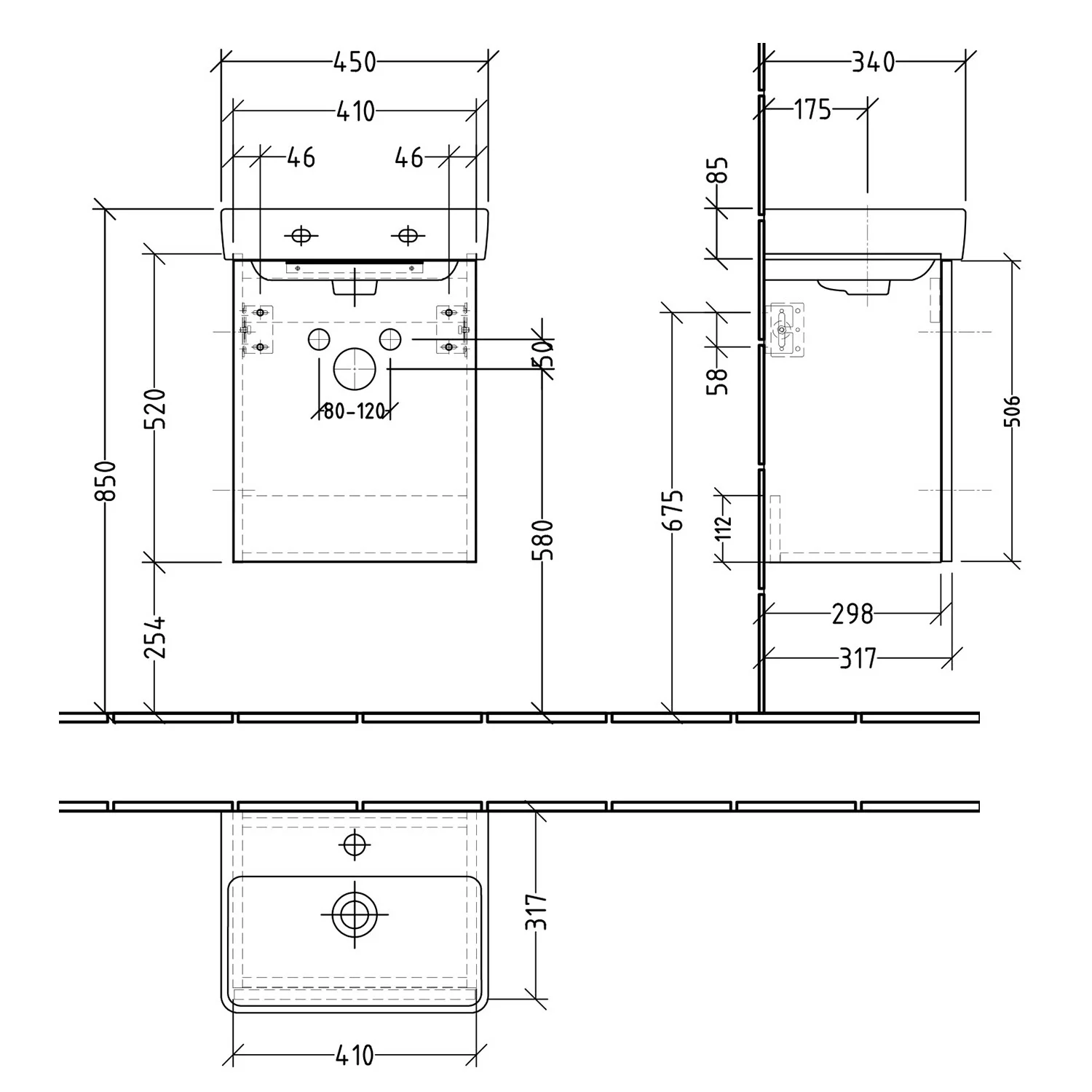 Rysunek techniczny umywalki z wymiarami, Sanipa