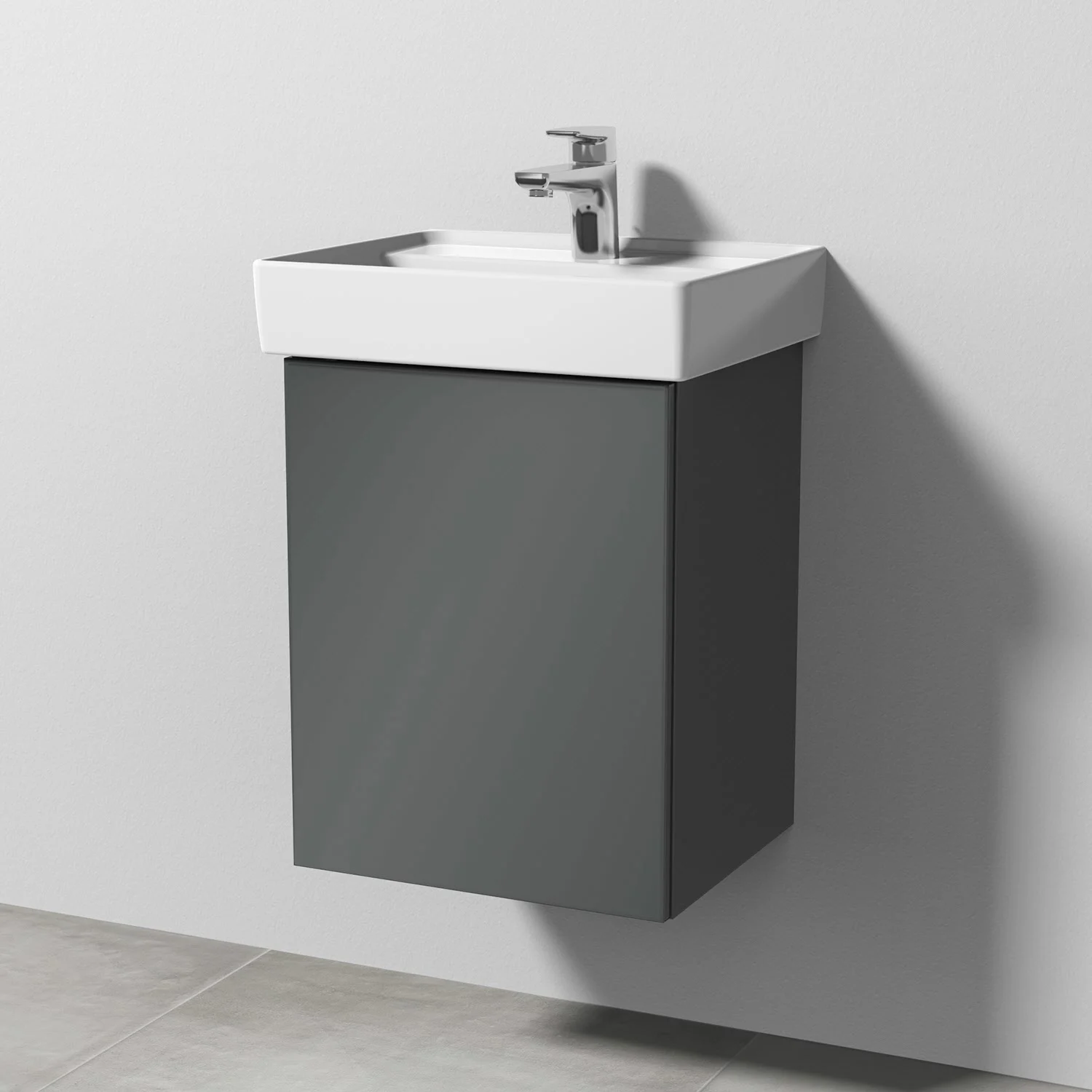Szara umywalka z ceramiczną umywalką z bliska, Sanipa