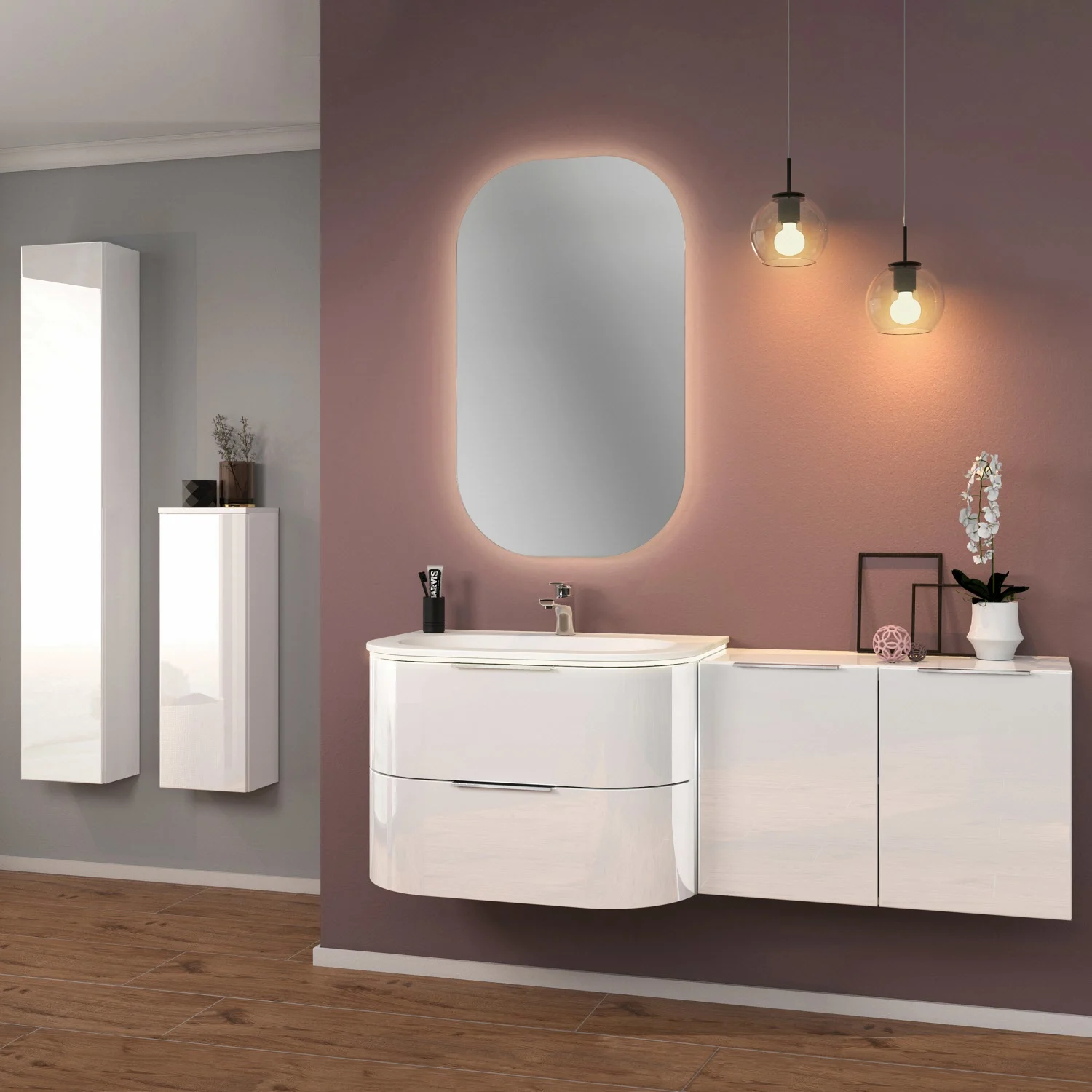 Sanipa 4balance Keramik-Waschtisch + Waschtischunterbau 80 cm mit 2 Auszügen, Griff, LED Bild 2