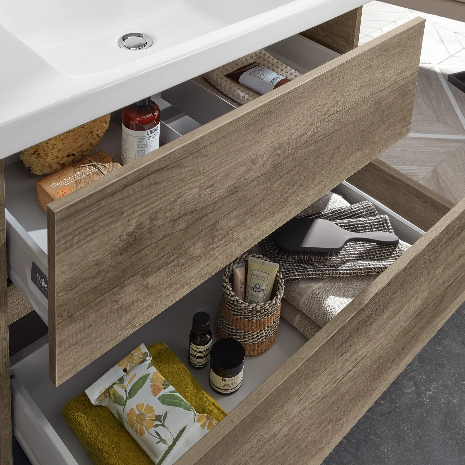 Sanipa Solo One Harmonia Waschtischkombination mit Keramikwaschtisch 80 cm, 2 Auszüge Bild 3