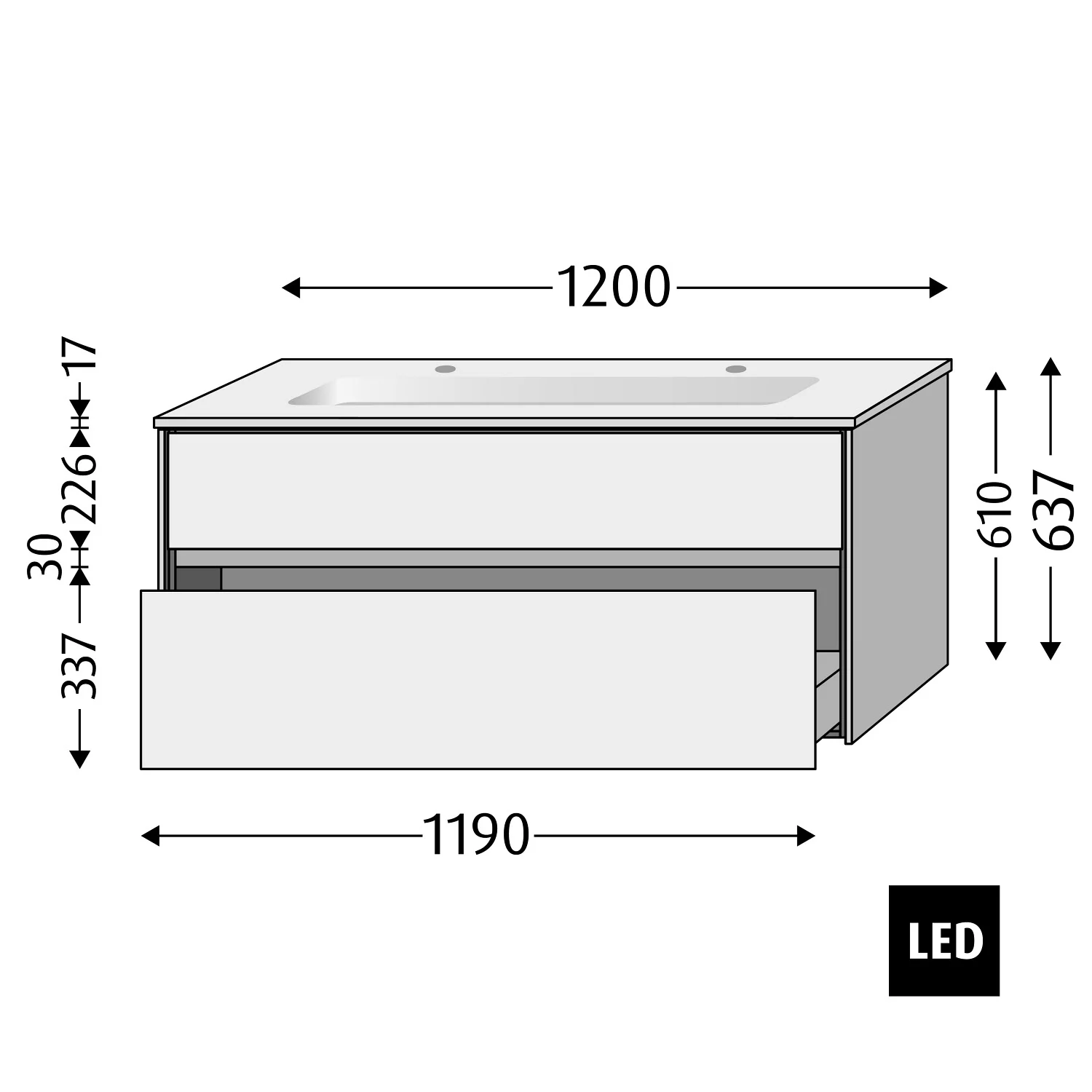 Rysunek techniczny podwójnej umywalki z LED, Sanipa