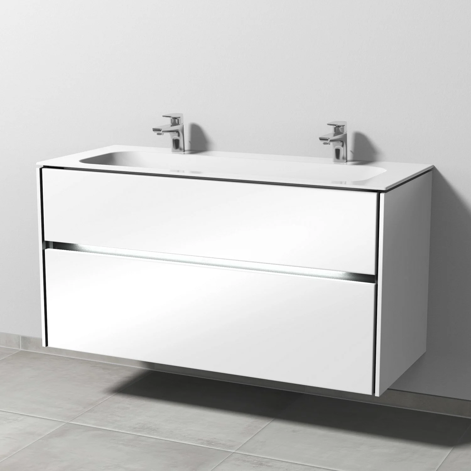 Sanipa Twiga Keramik-Doppelwaschtisch Finion 120 cm mit Unterschrank, 2 Auszüge, inkl. LED-Beleuchtung