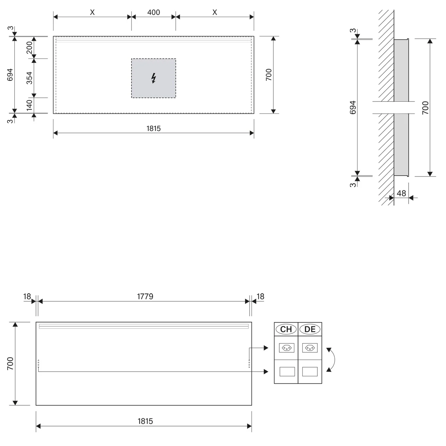 Rysunek techniczny szerokiego lustra LED, Schneider