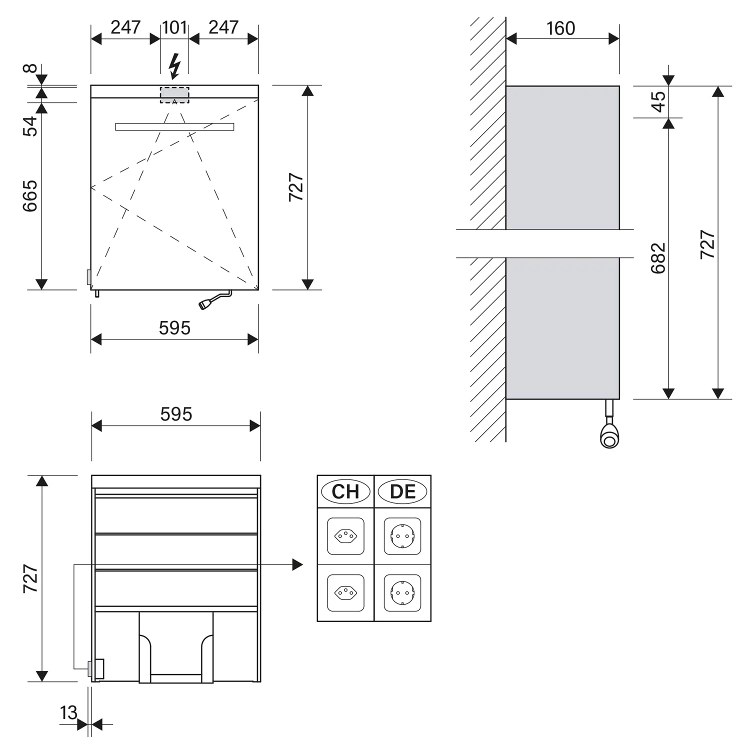 Rysunek techniczny szafki lustrzanej LED z wymiarami, Schneider