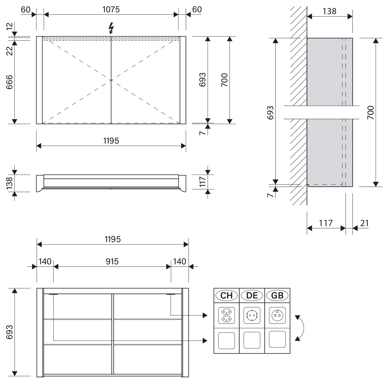 Rysunek techniczny szafki z lustrem LED z wymiarami, Schneider