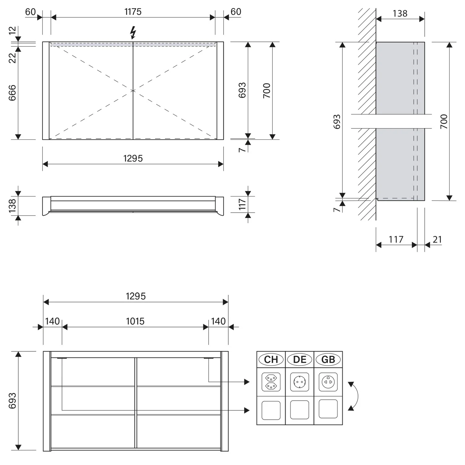 Rysunek techniczny szafki z lustrem LED z wymiarami, Schneider