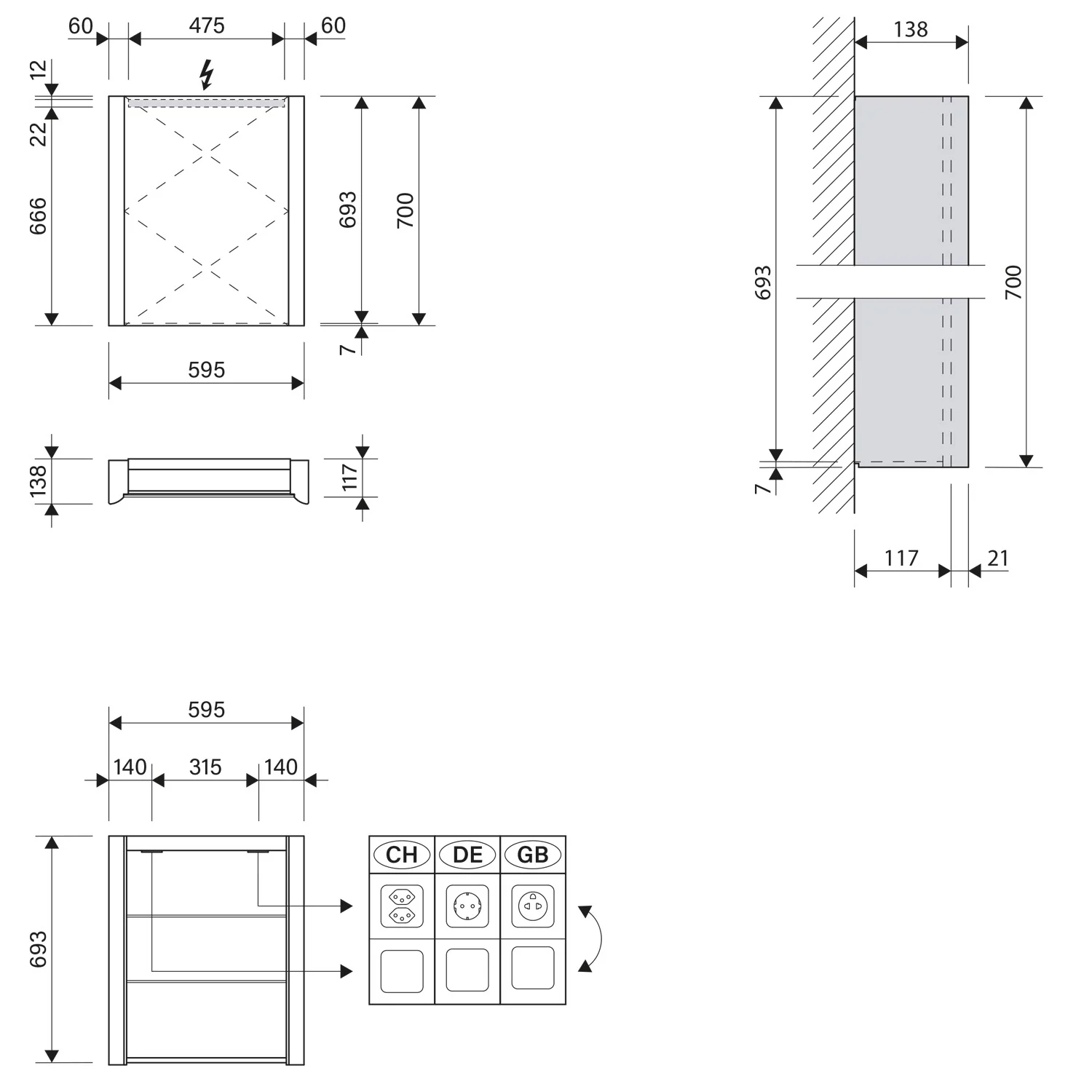 Rysunek techniczny szafki z lustrem LED, Schneider