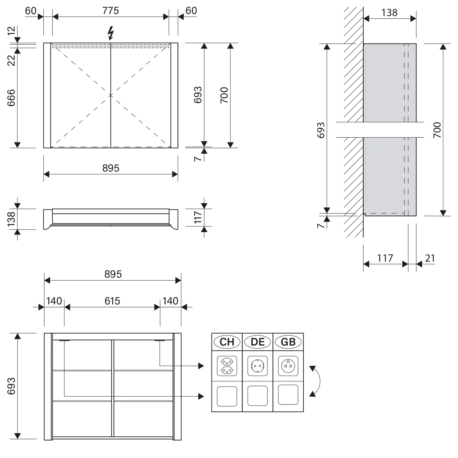 Rysunek techniczny szafki lustrzanej LED z wymiarami, Schneider