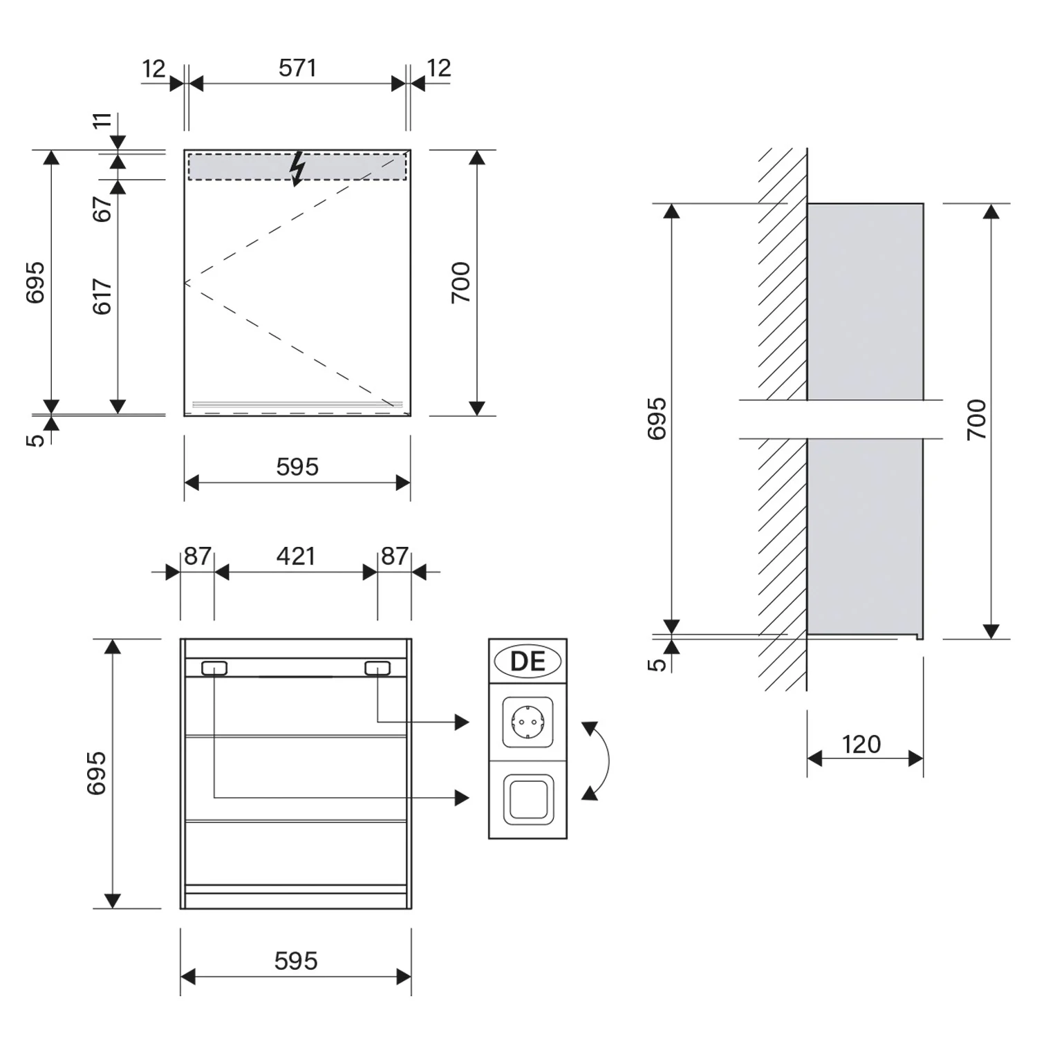 Rysunek techniczny szafki z lustrem z wymiarami, Schneider