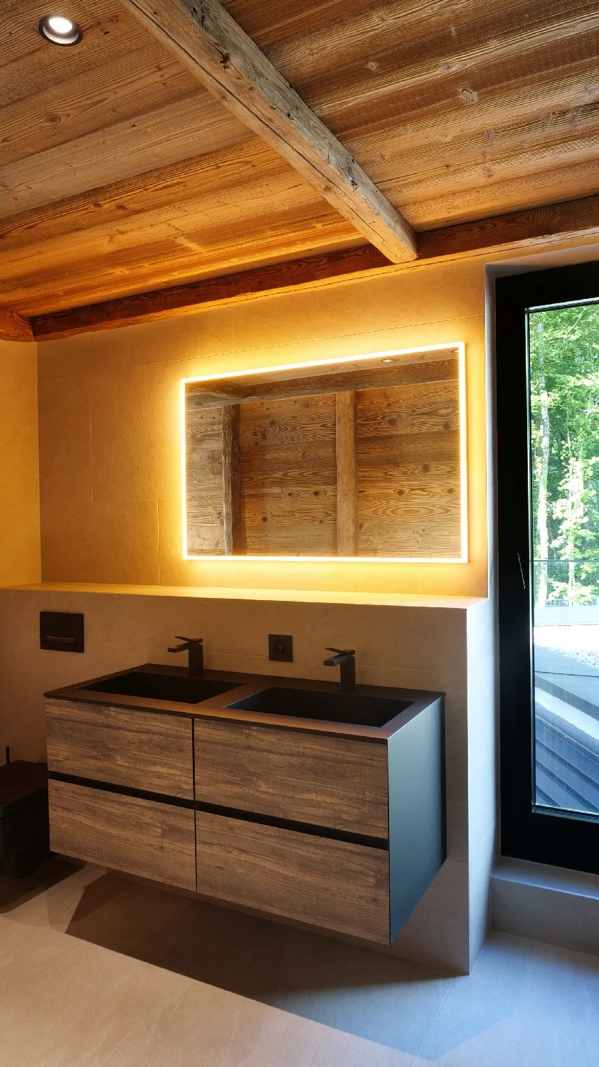 Lustro LED w łazience z drewnianym dekorem, Schneider