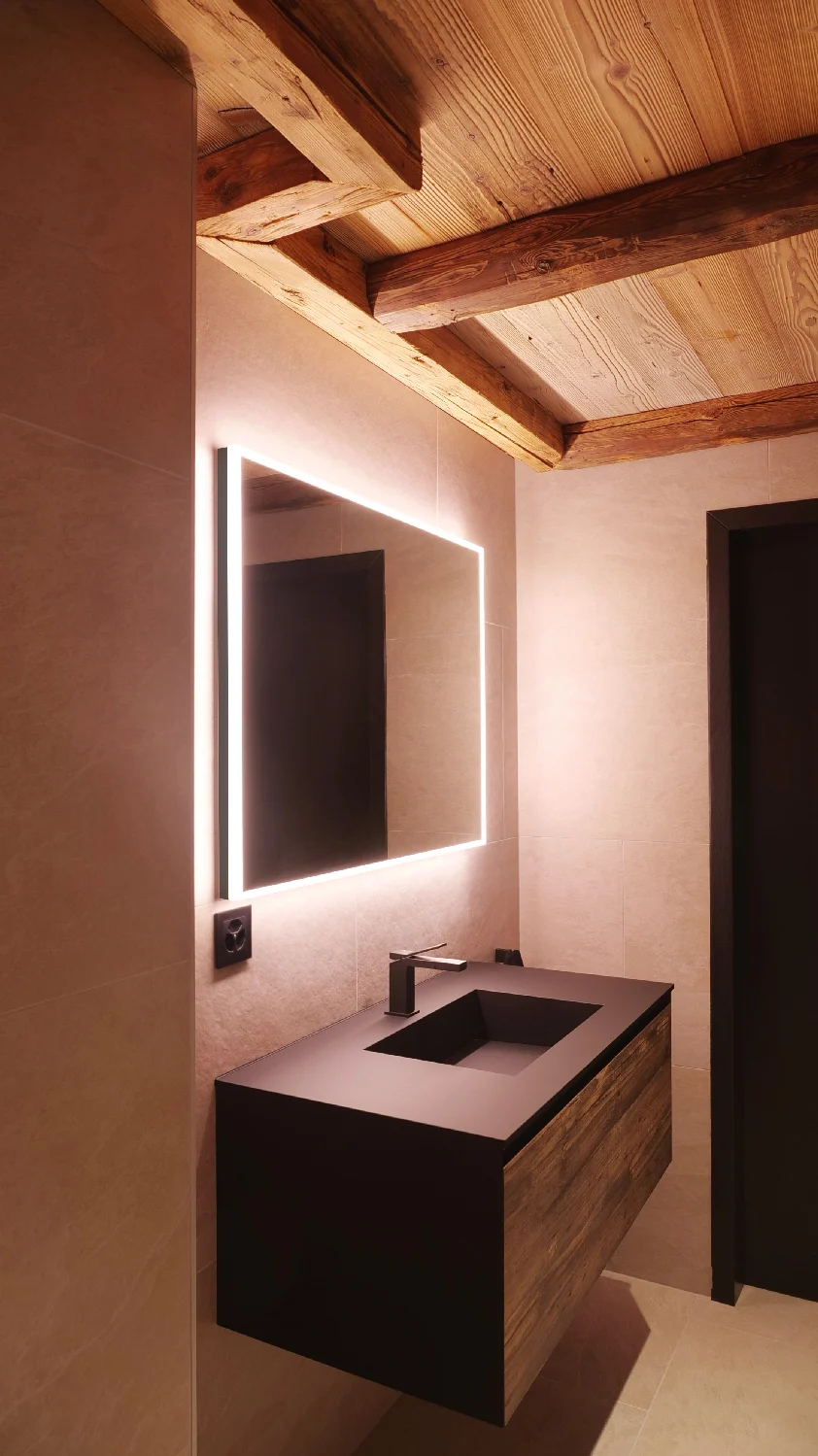 Lustro LED w łazience z drewnianym sufitem, Schneider