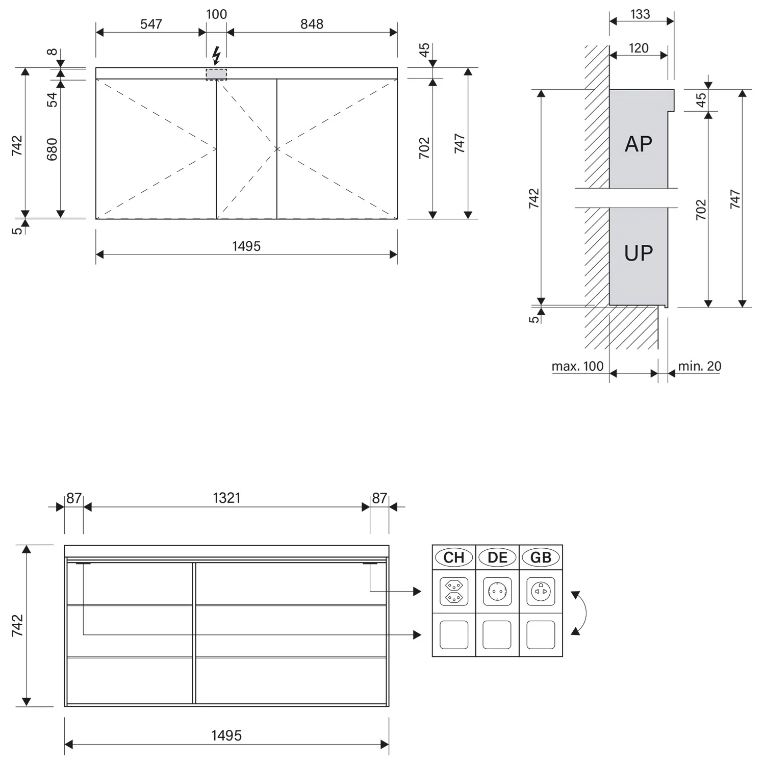 Rysunek techniczny szafki z lustrem LED z wymiarami, Schneider