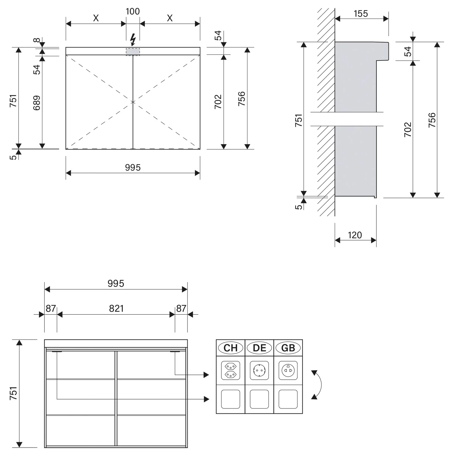 Rysunek techniczny szafki z lustrem LED, Schneider
