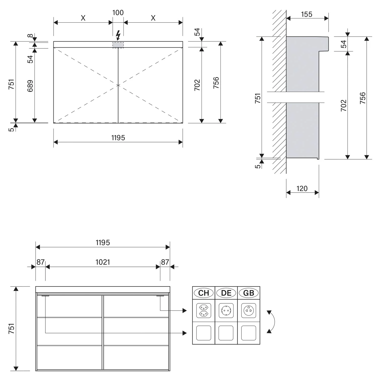 Rysunek techniczny szafki z lustrem LED, Schneider