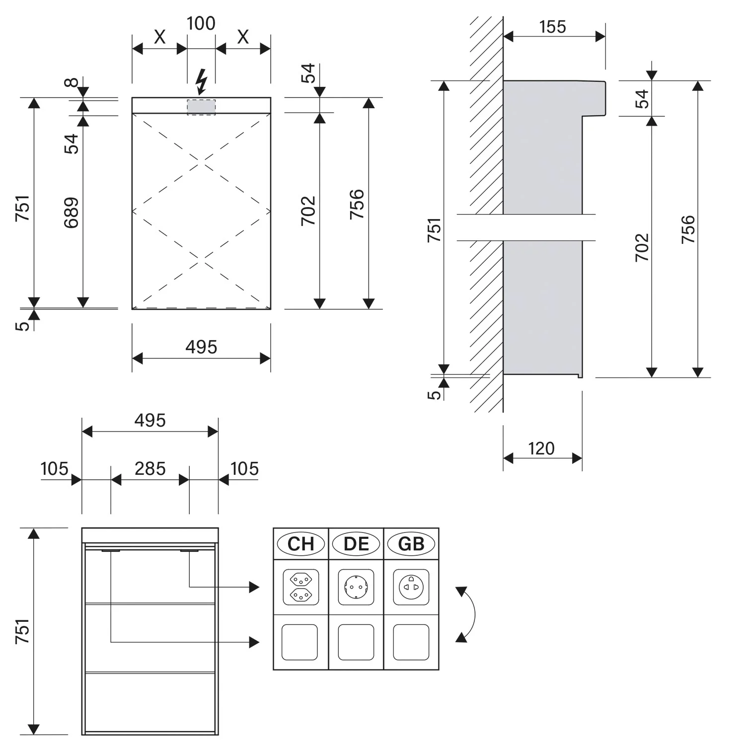 Rysunek techniczny szafki z lustrem LED 50 cm, Schneider
