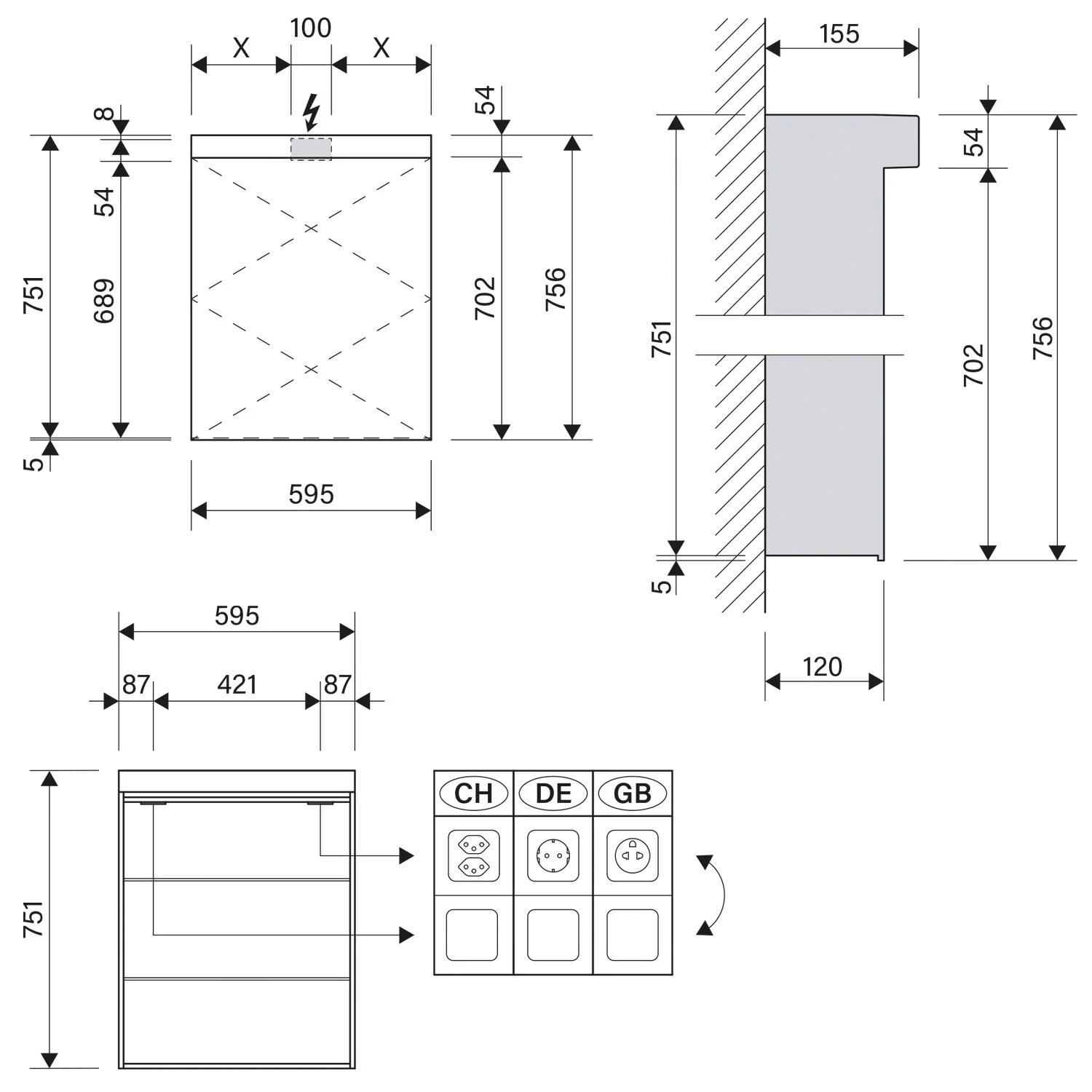 Rysunek techniczny szafki z lustrem LED 60 cm, Schneider