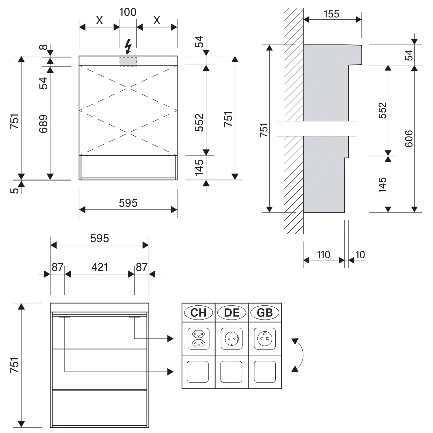 Rysunek techniczny szafki z lustrem LED 60 cm, Schneider