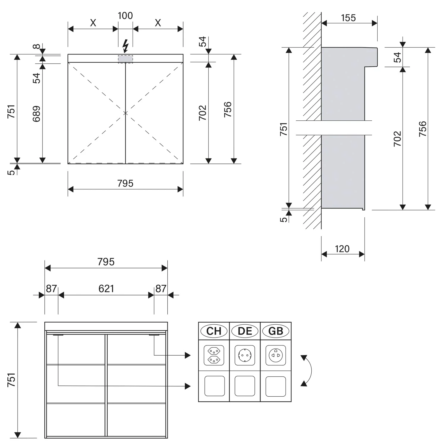 Rysunek techniczny szafki z lustrem LED 80 cm, Schneider