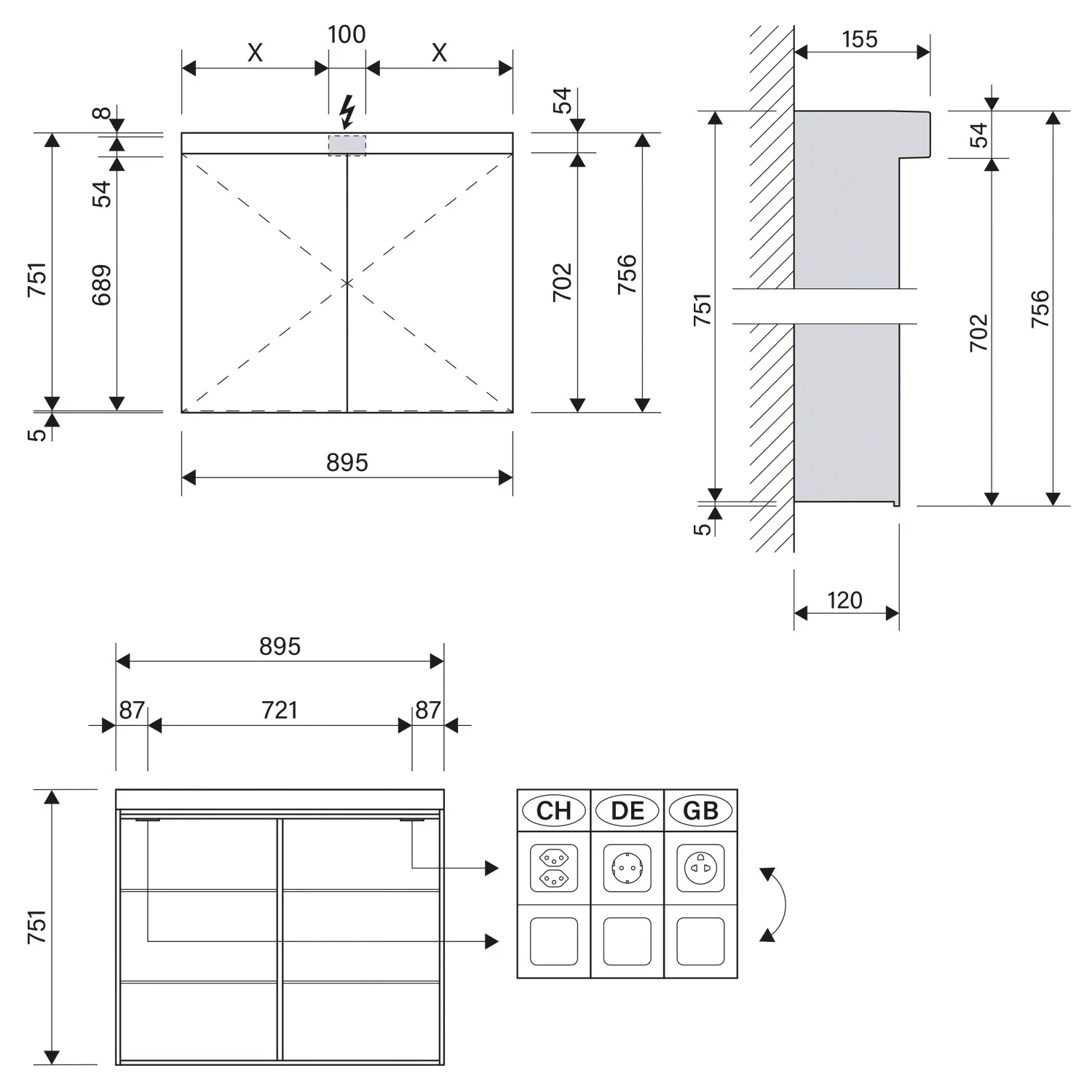 Rysunek techniczny szafki z lustrem LED 90 cm, Schneider