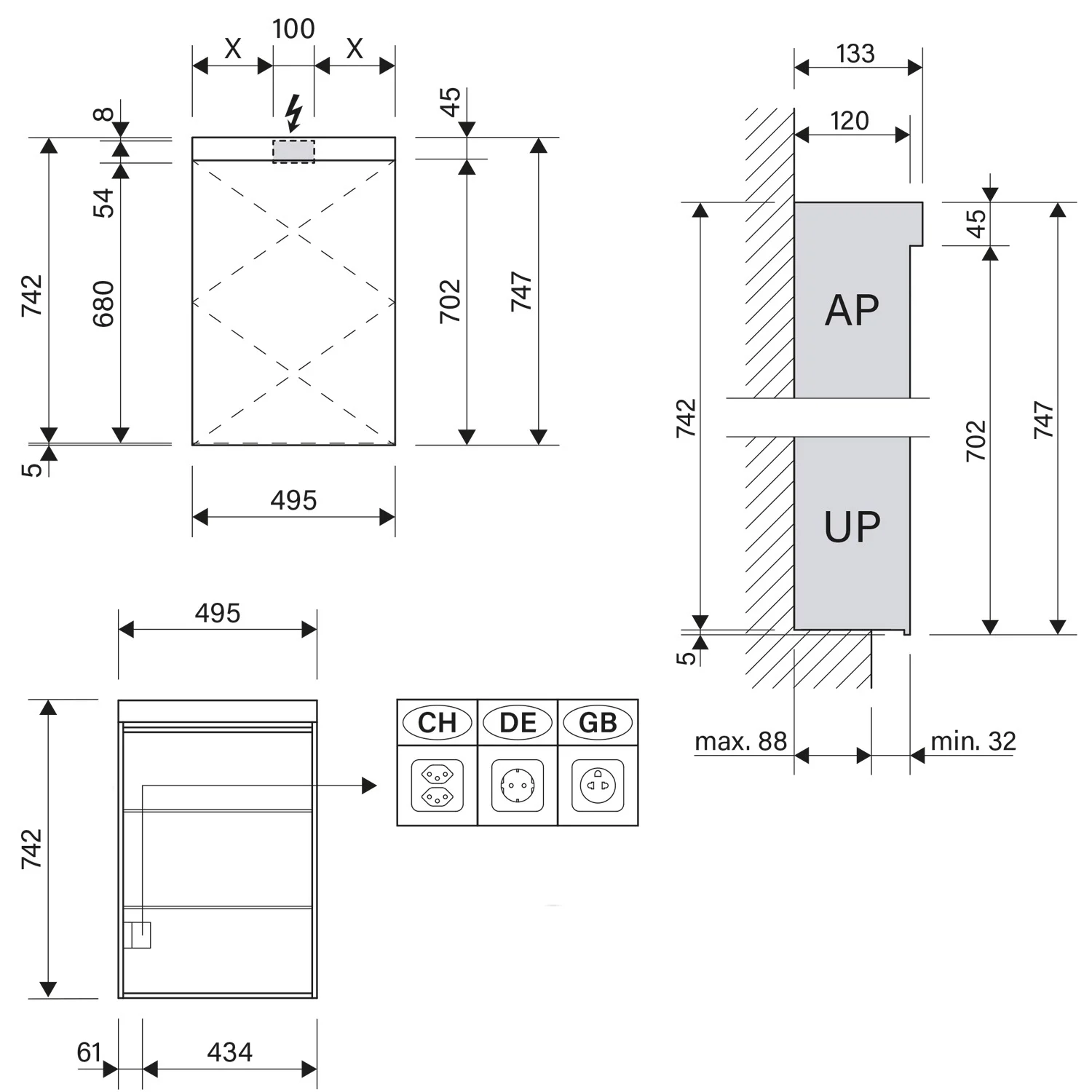 Rysunek techniczny szafki z lustrem LED, Schneider