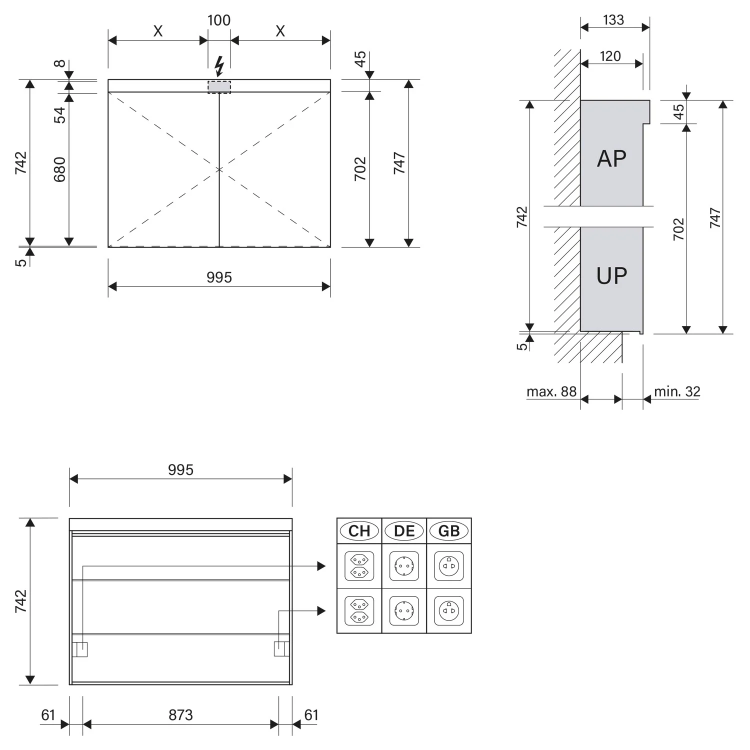 Rysunek techniczny szafki z lustrem z wymiarami, Schneider