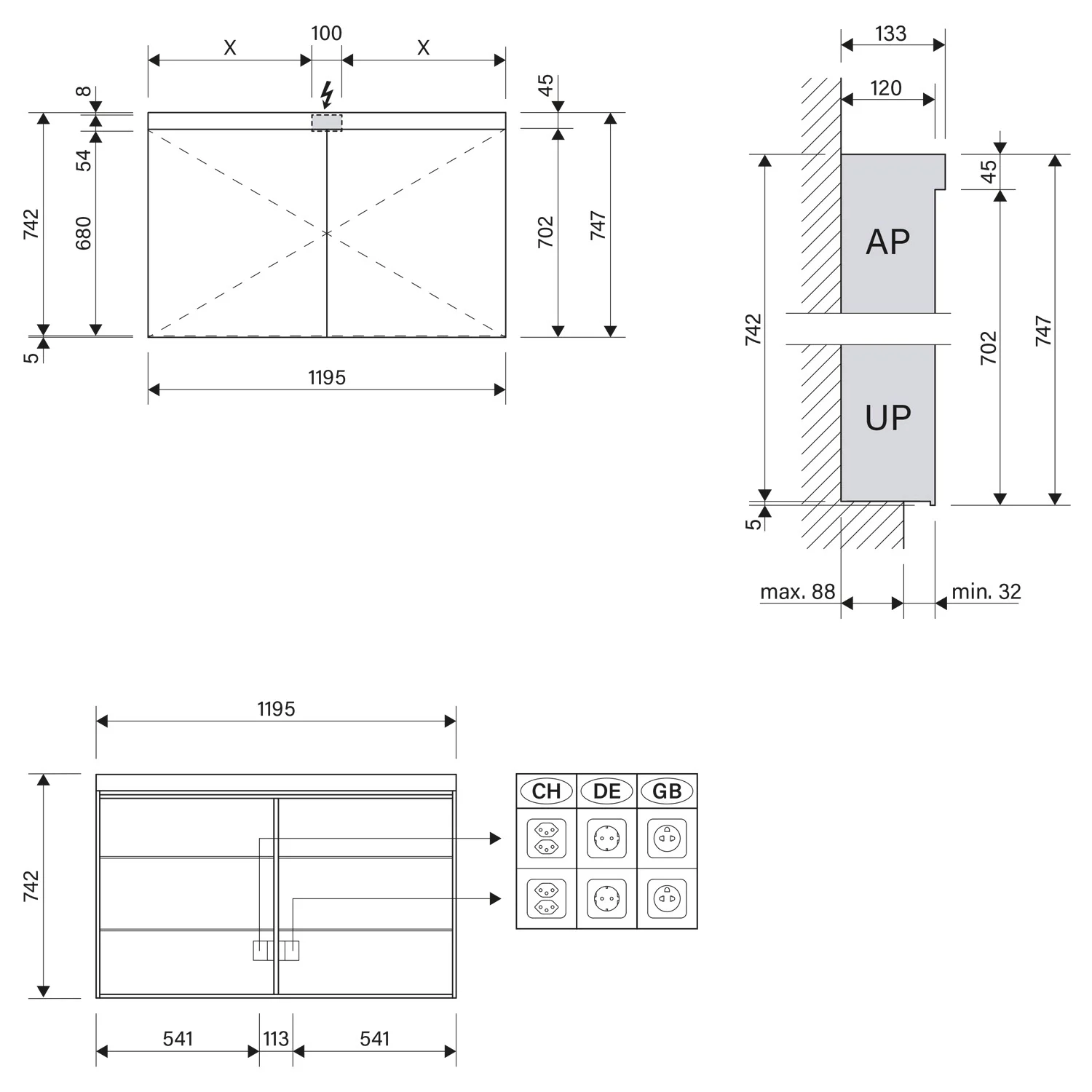 Rysunek techniczny szafki lustrzanej LED z wymiarami, Schneider